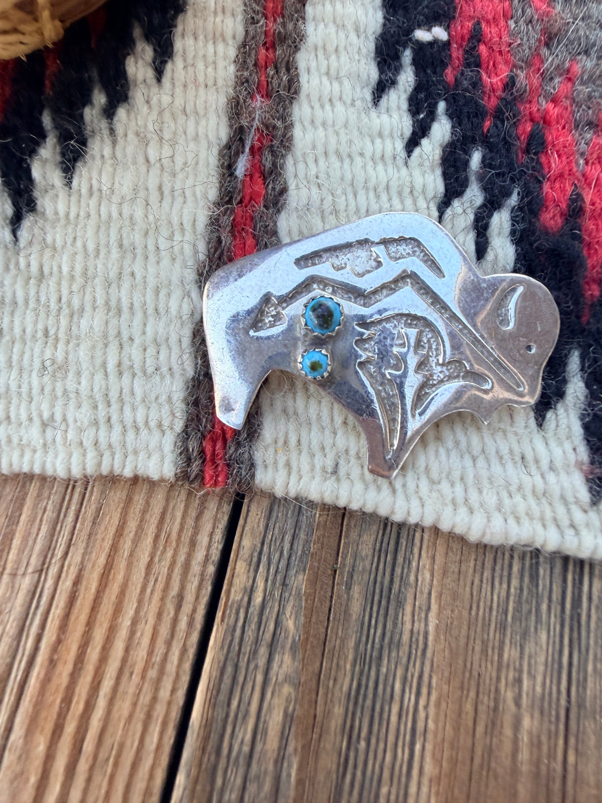 Old Pawn Handcrafted Turquoise & Sterling Silver Fetish Buffalo Brooch