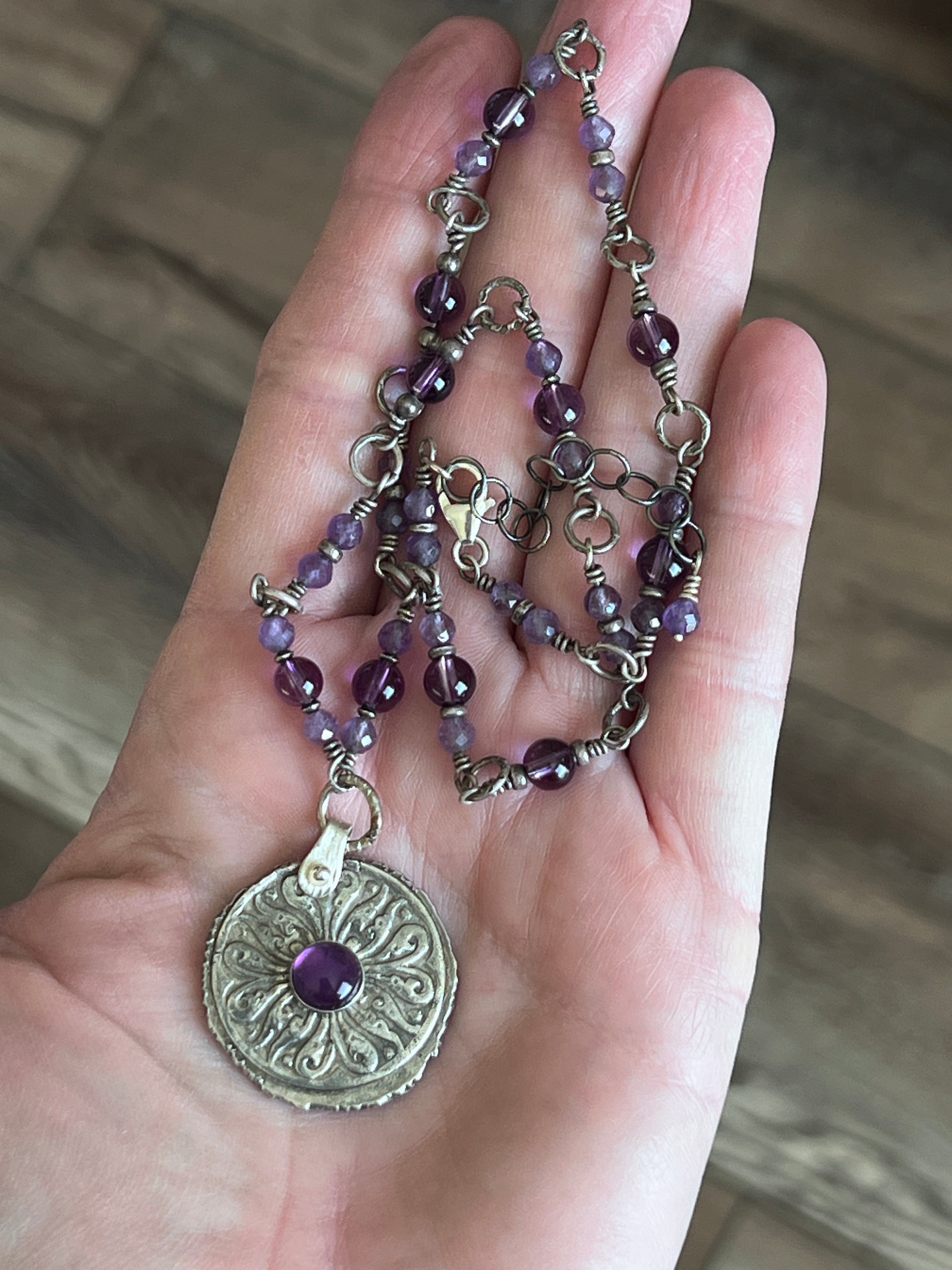 Tularosa Rosary Style Sterling Silver and Amethyst Relic Coin Necklace