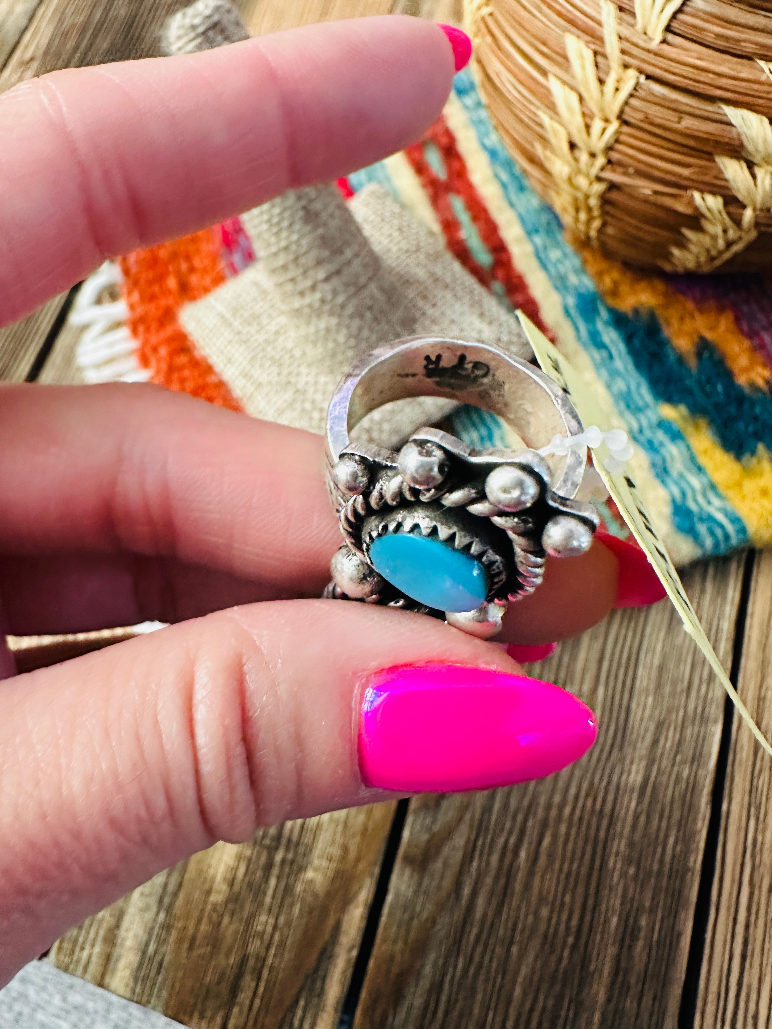 Old Pawn Handcrafted Turquoise & Sterling Silver Ring Size 8