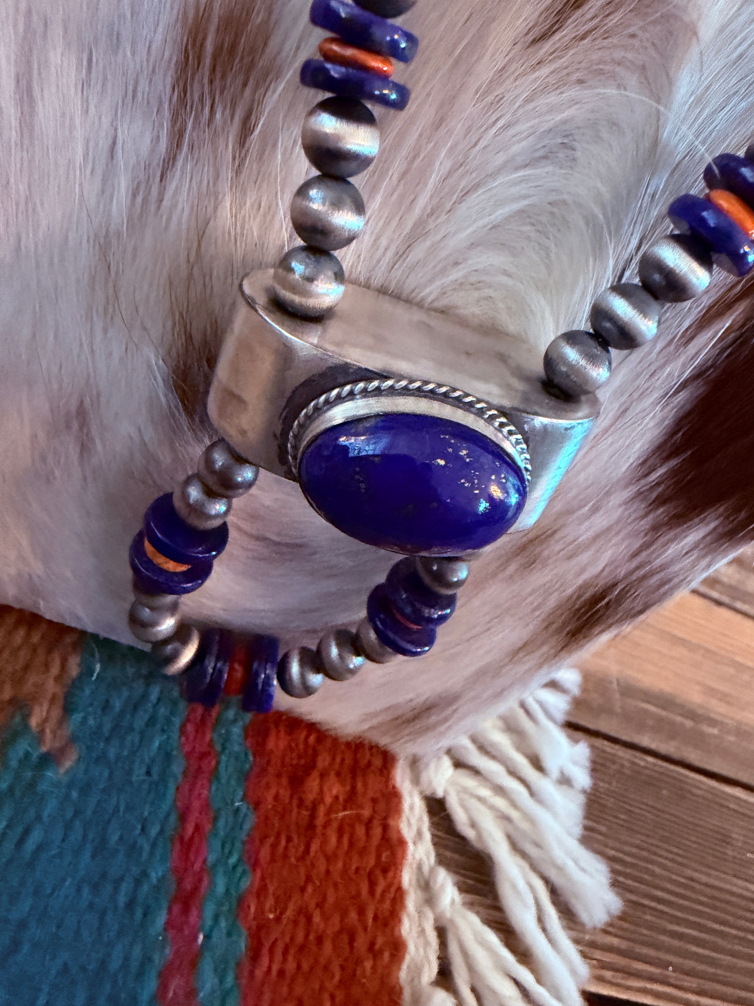 Handcrafted Lapis, Spiny & Sterling Silver Beaded Jacla Necklace