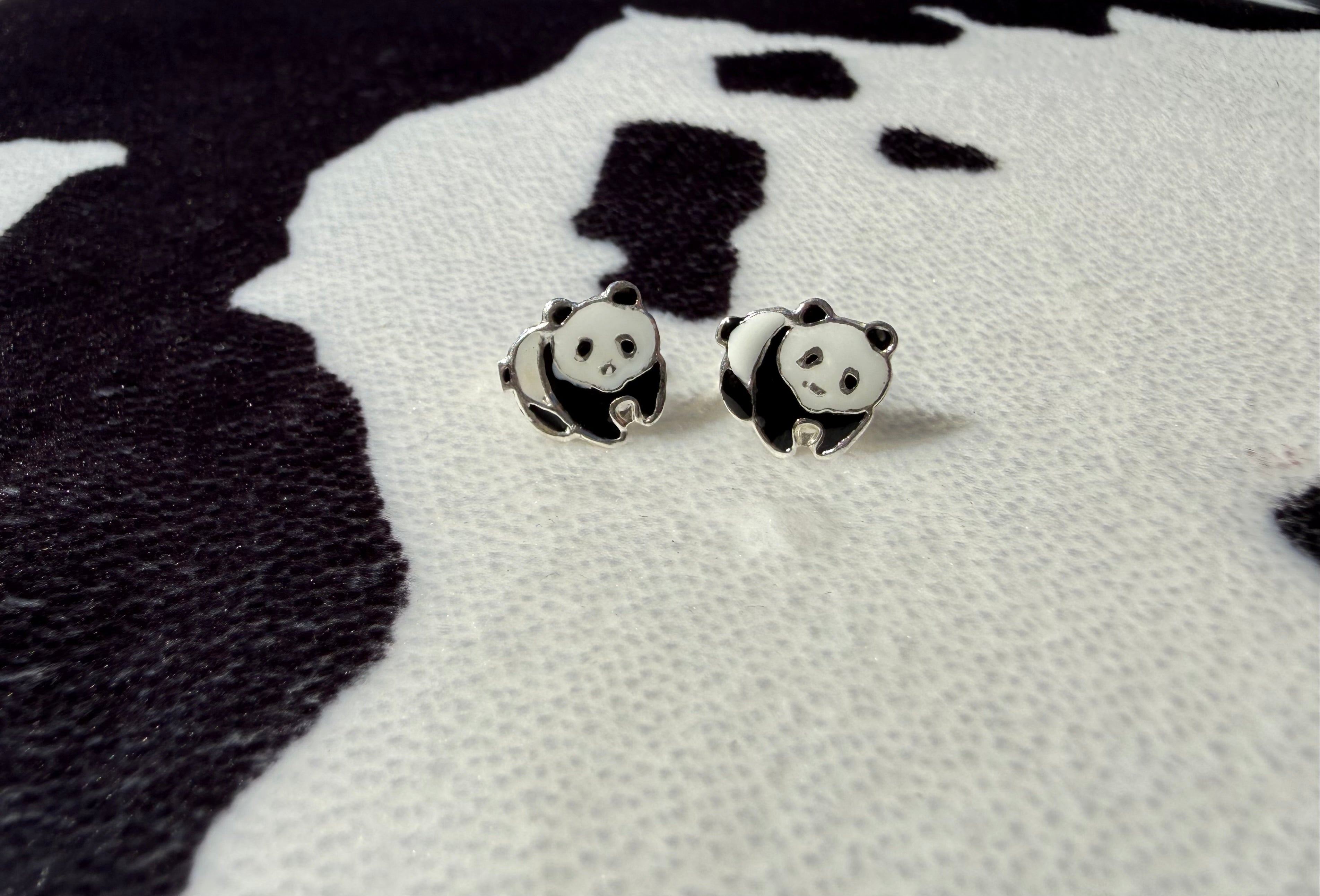 Panda Bear Sterling Silver Stud Earrings