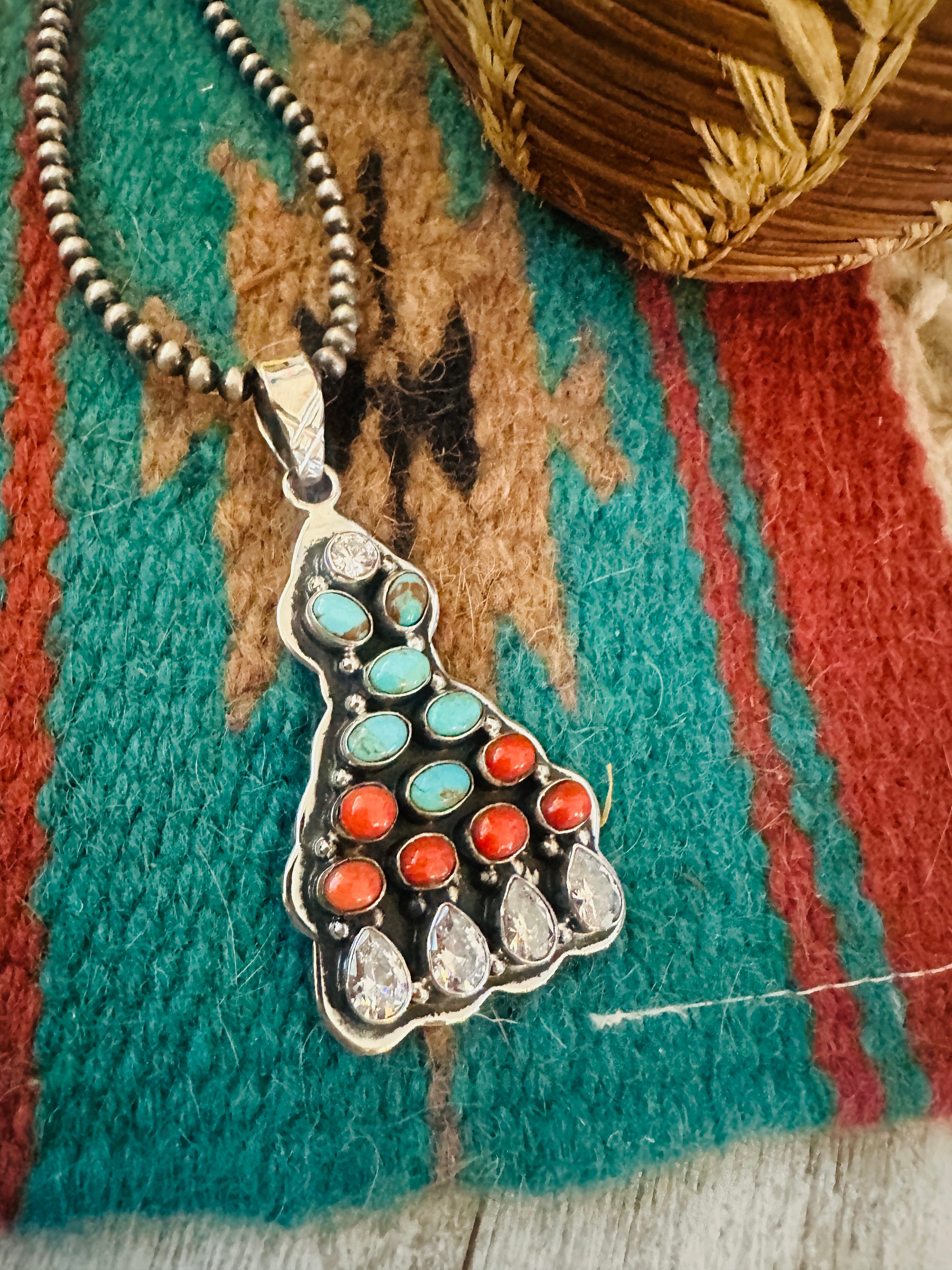 ** Christmas Collection ** Handmade Sterling Silver, Coral, Turquoise & CZ Pendant Signed Nizhoni