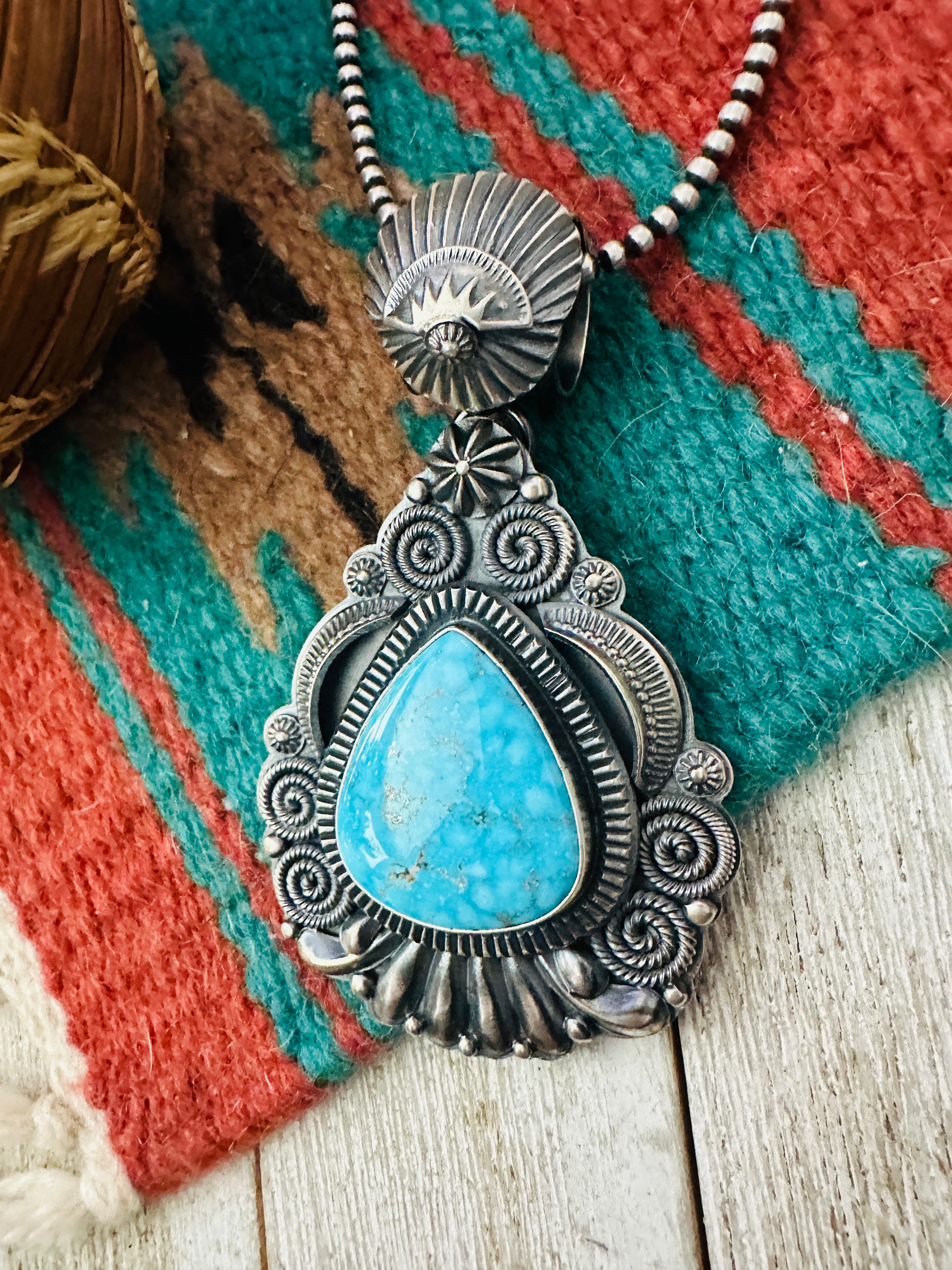 Handcrafted Sterling Silver & Kingman Turquoise Pendant by Delbert Gordon