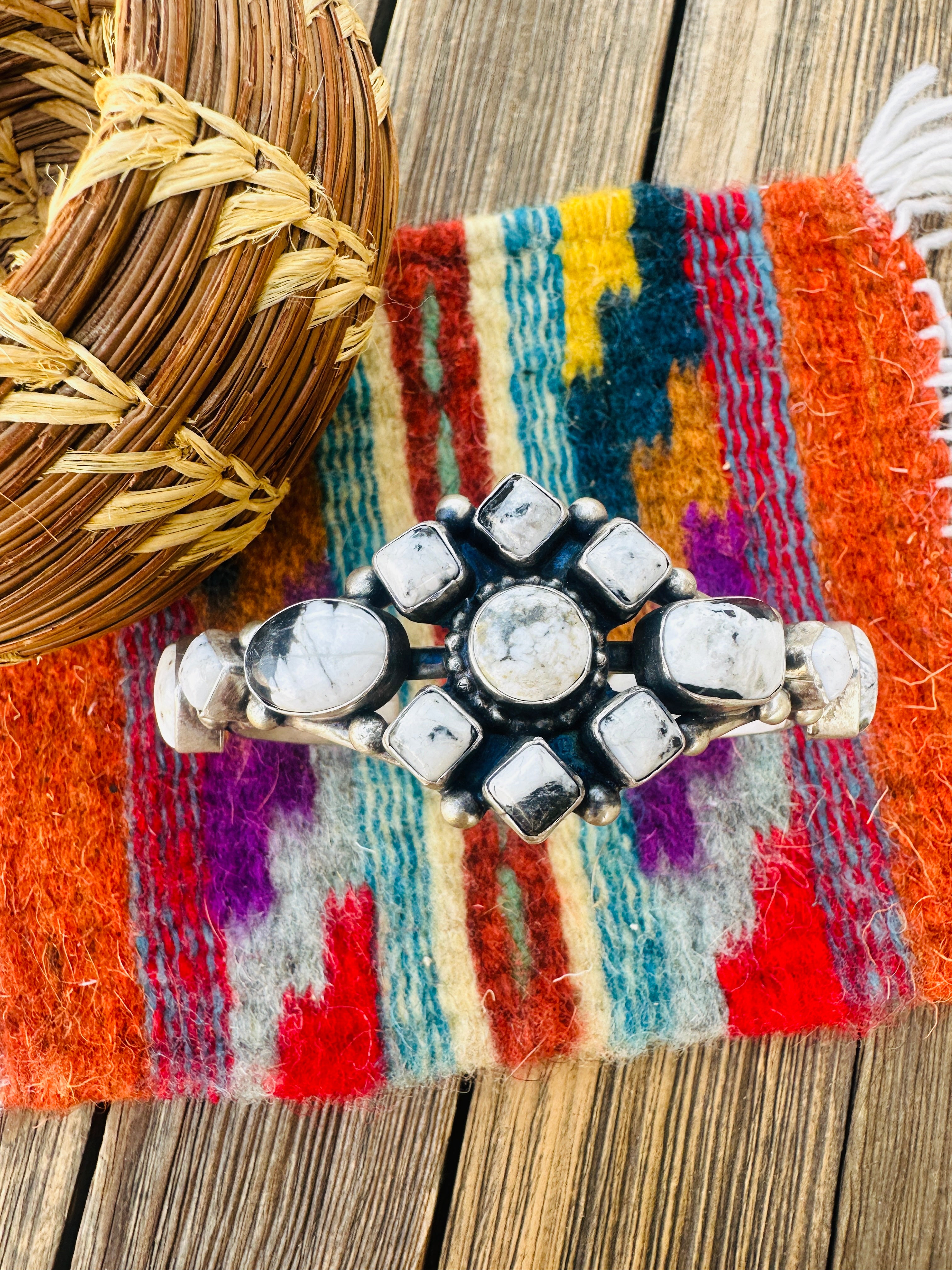 Handcrafted Sterling Silver & White Buffalo Cluster Cuff Bracelet by Bobby Johnson