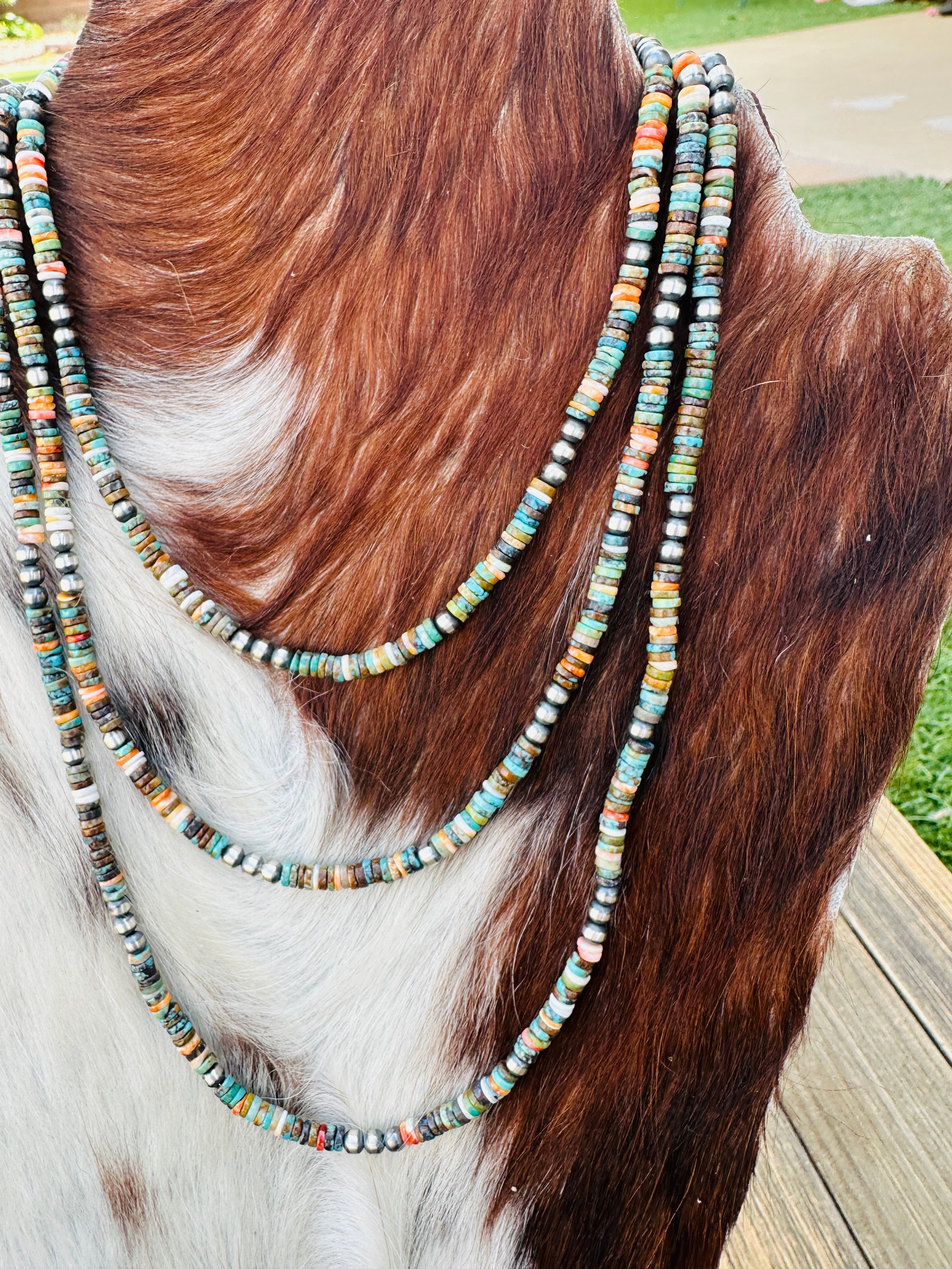 Handcrafted Turquoise, Spiny Oyster & Sterling Silver Beaded Necklace