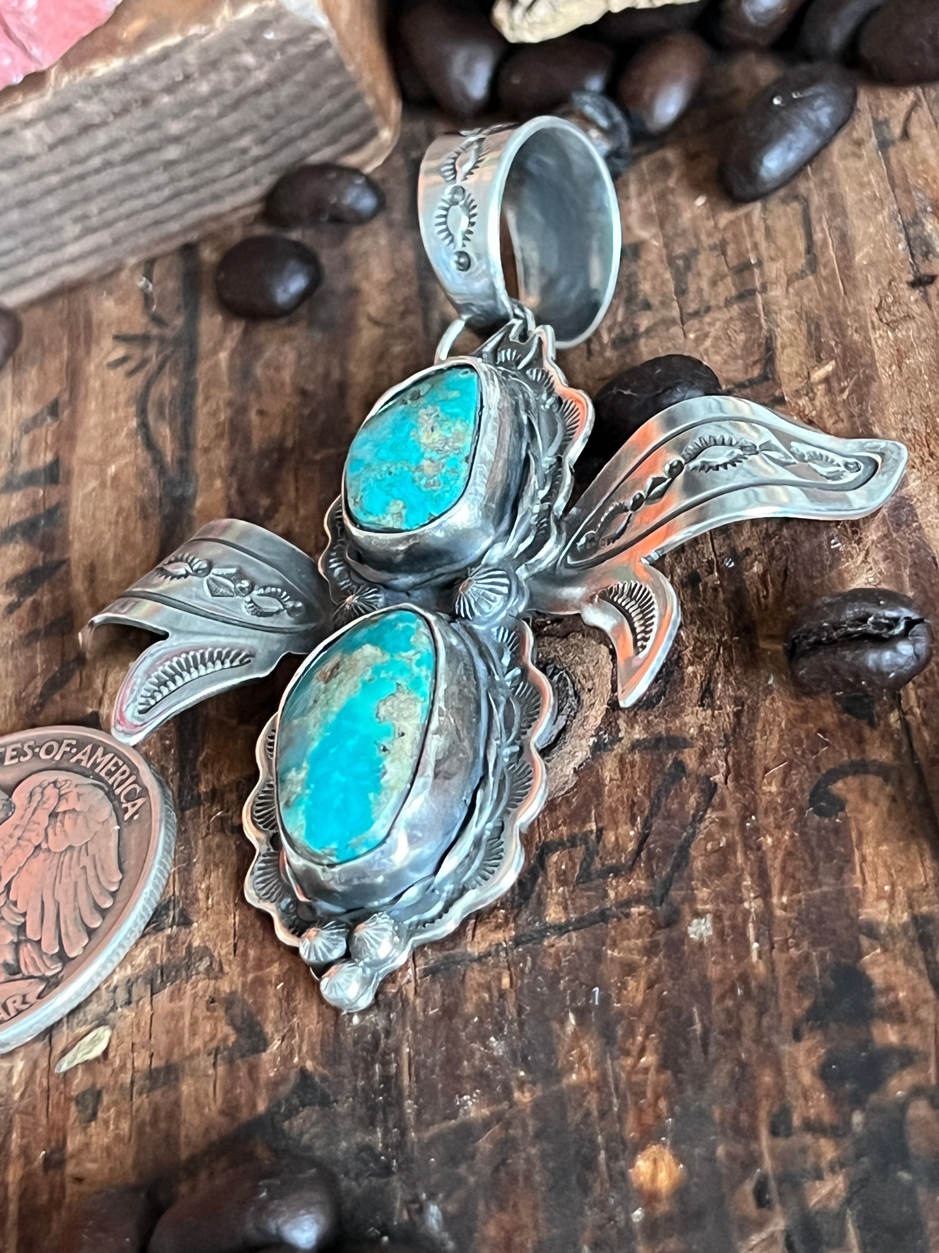 Sterling Silver and Turquoise Winged Bug Pendant by Kimari Somers