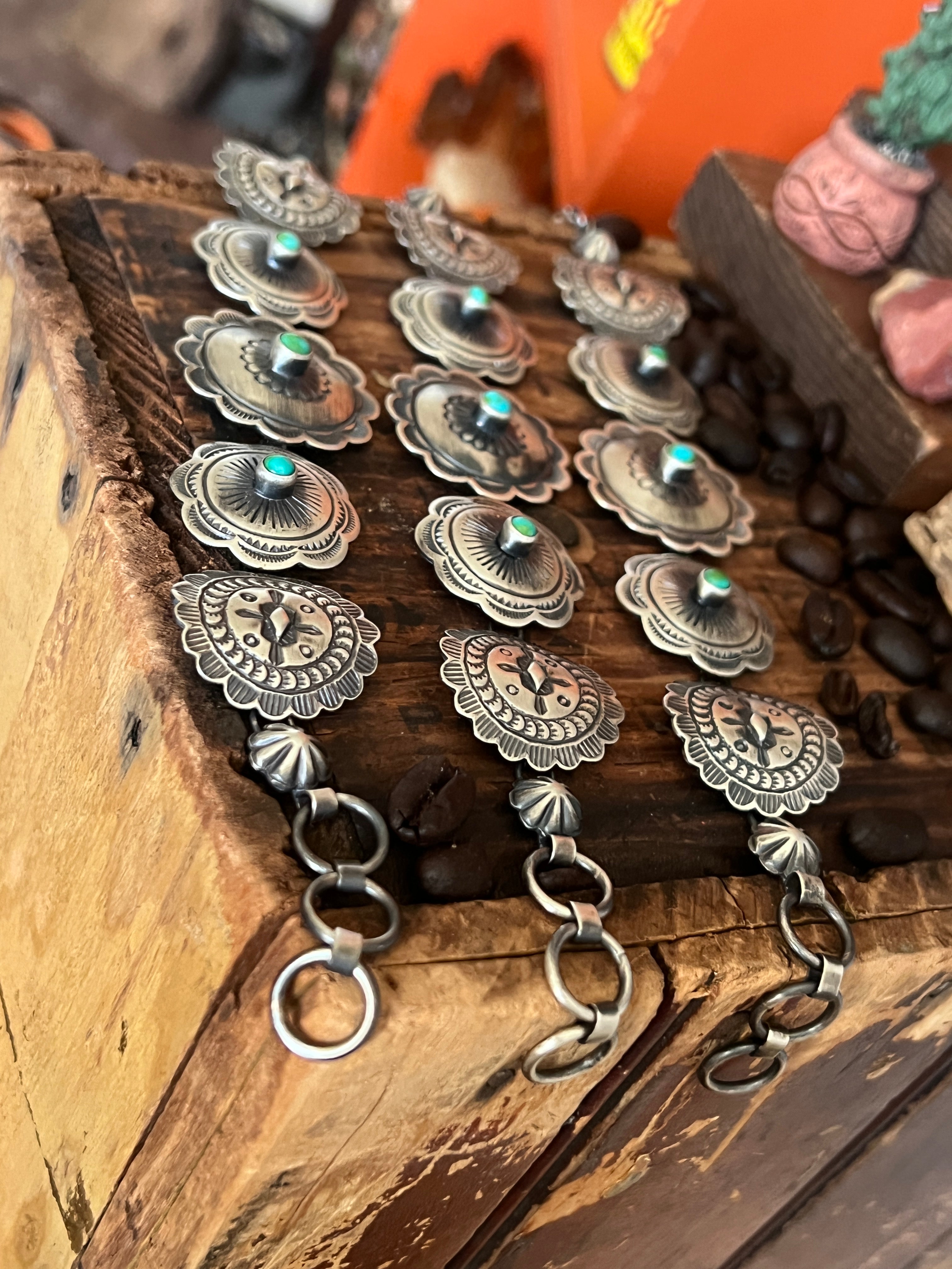 Raymond Coriz Sterling Concho Link Bracelets with Sonoran Mountain Turquoise