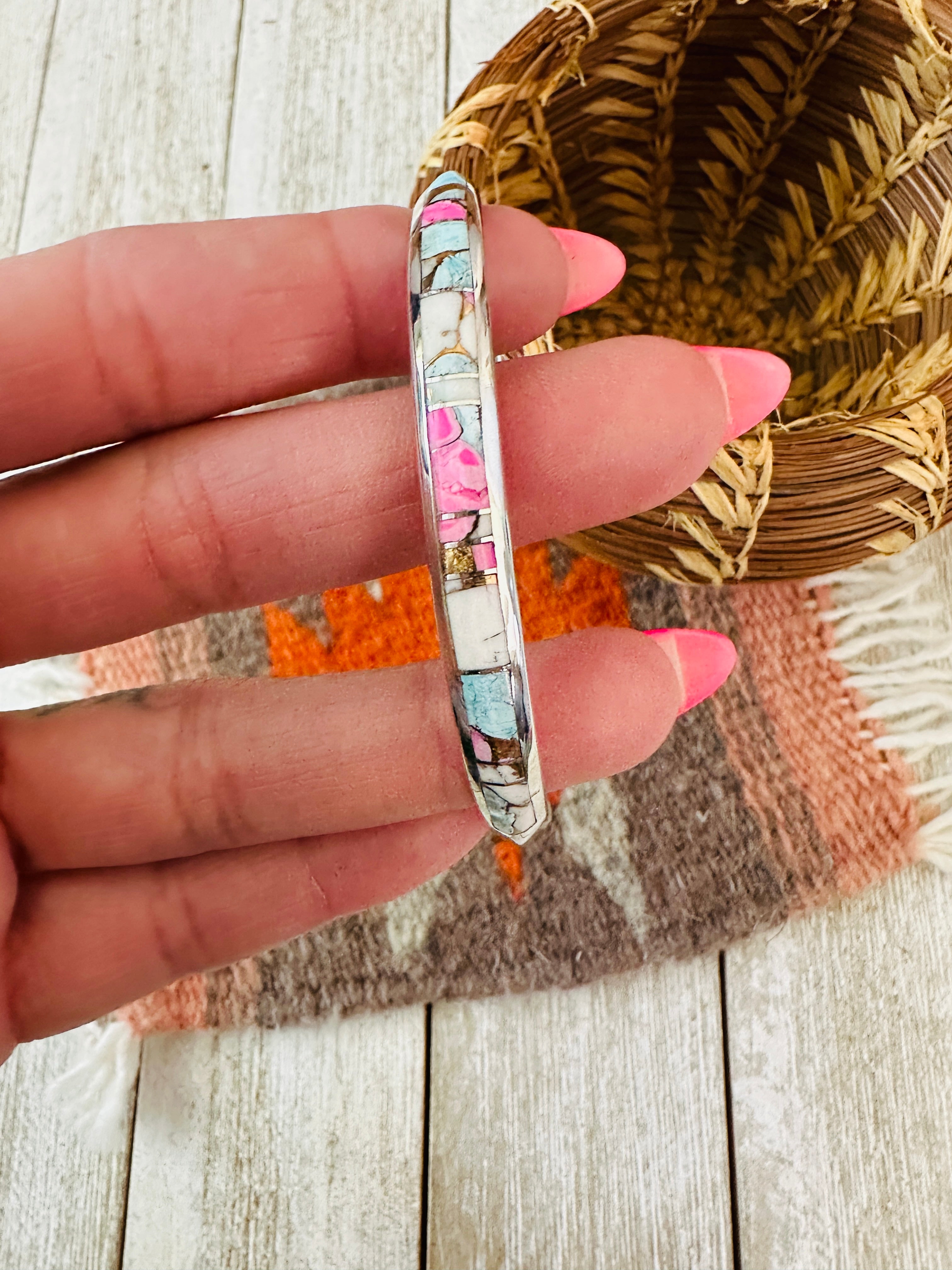 Handcrafted Cotton Candy & Sterling Silver Inlay Cuff Bracelet