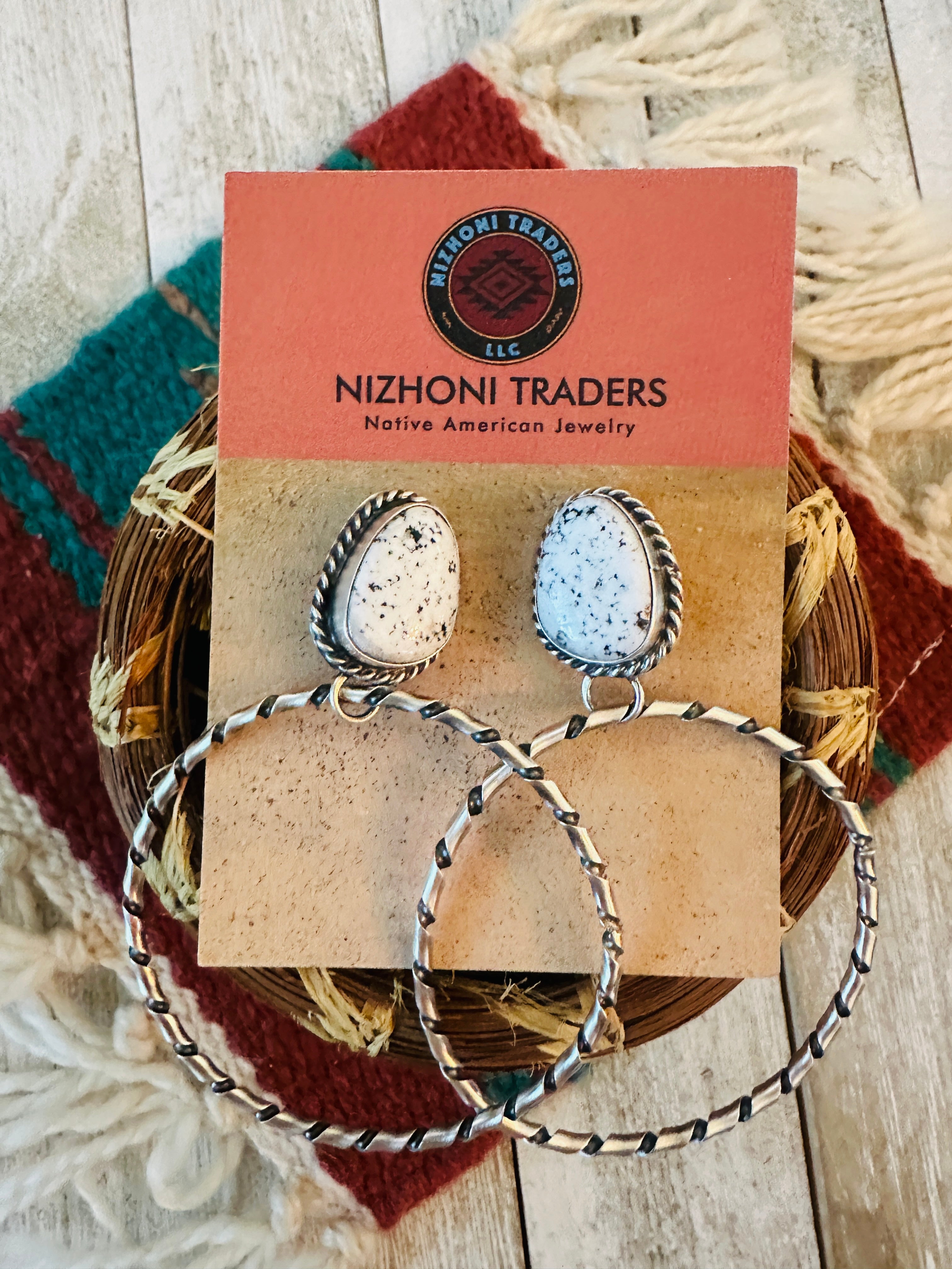 Navajo White Buffalo and Sterling Silver Dangle Hoop Earrings