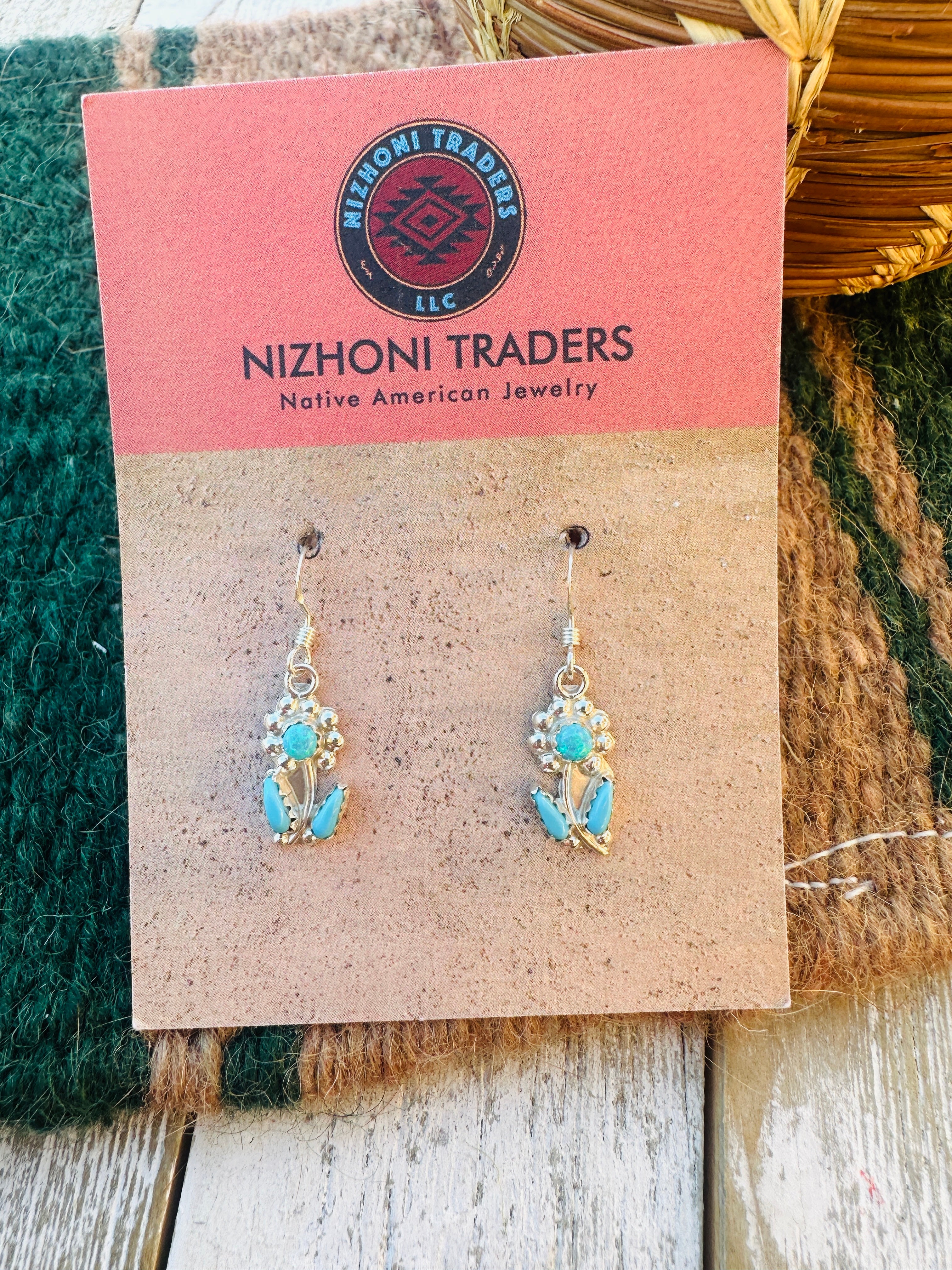 Handcrafted Turquoise, Light Blue Opal & Sterling Silver Flower Dangle Earrings