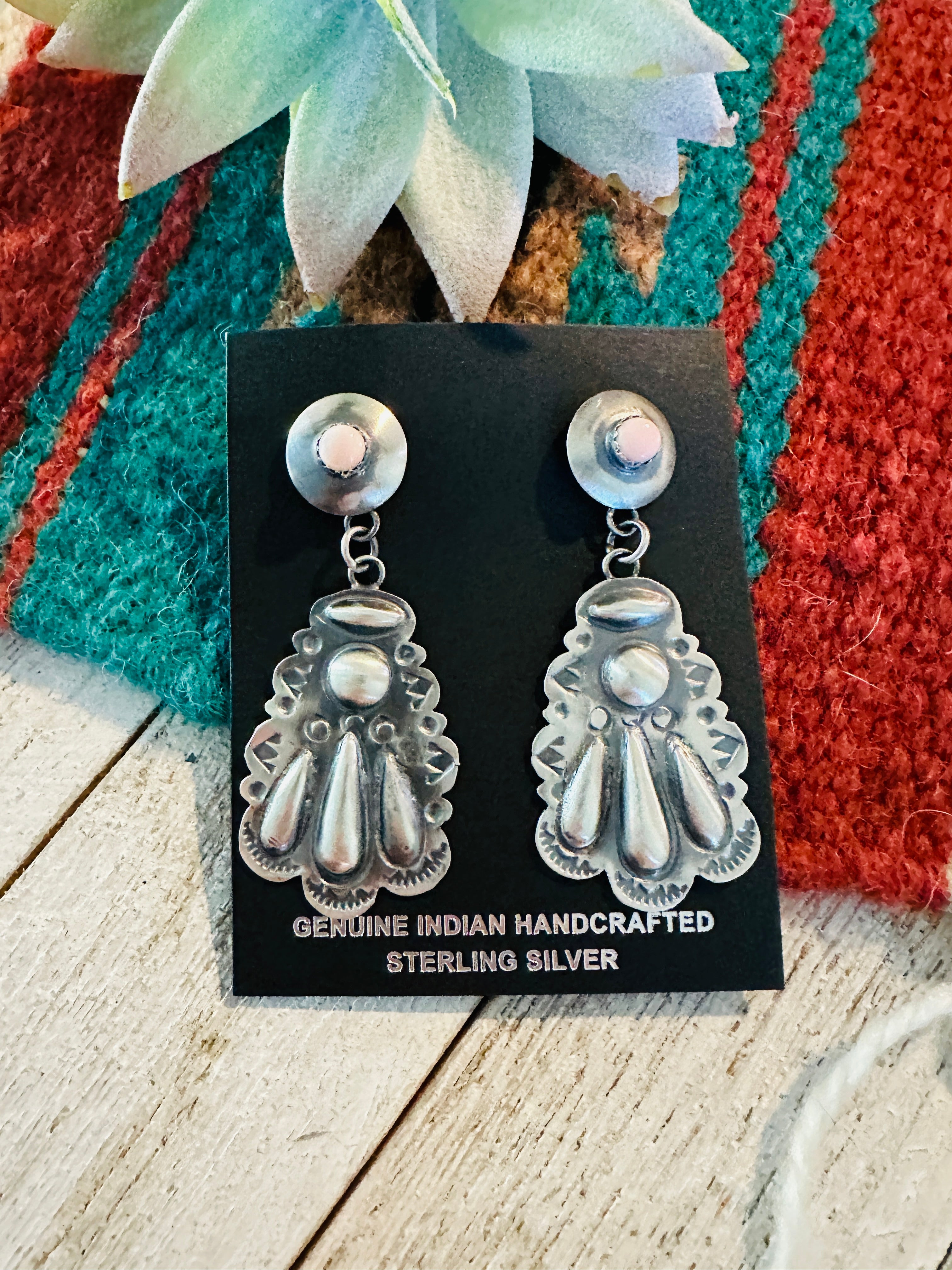 Handcrafted Queen Pink Conch & Sterling Silver Concho Dangle Earrings