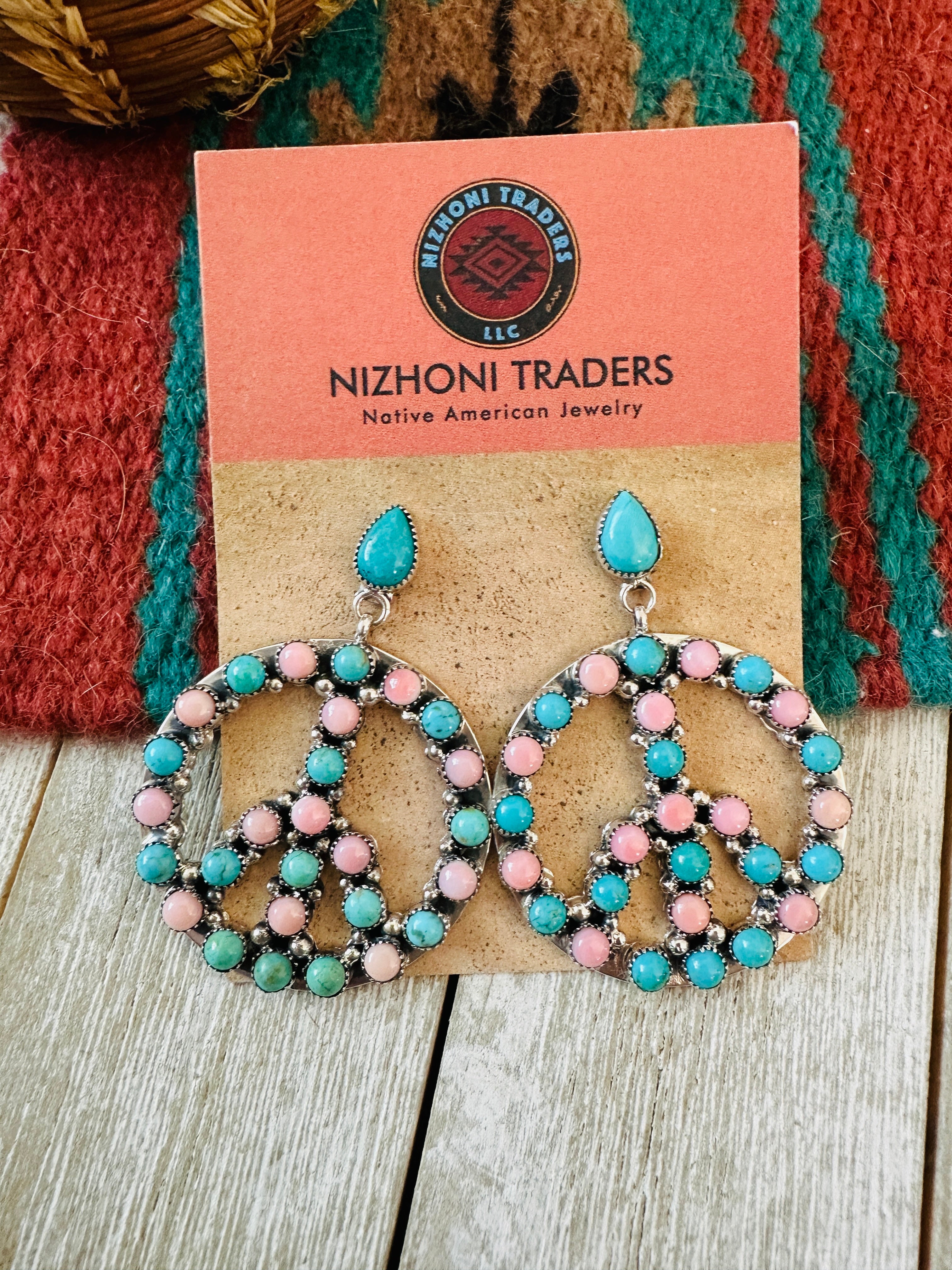 Handcrafted Turquoise, Queen Pink Conch & Sterling Silver Peace Sign Dangle Earrings