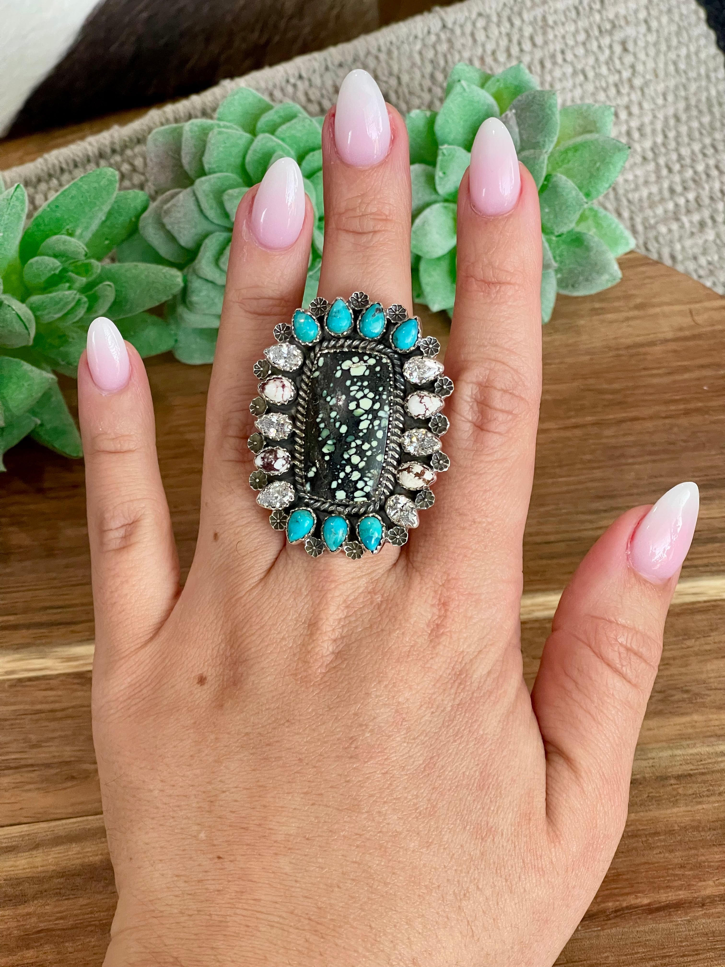 Beautiful Handmade Multi Stone And Sterling Silver Adjustable Ring