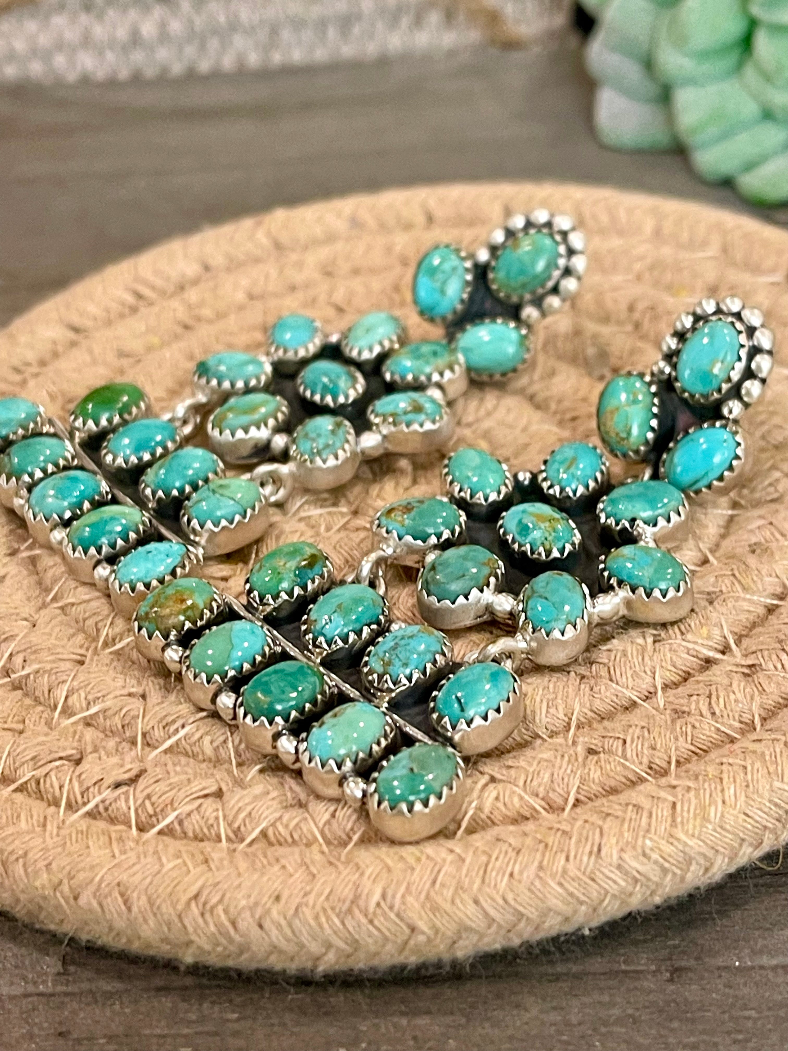 Handmade Turquoise & Sterling Silver Post Dangle Cluster Earrings