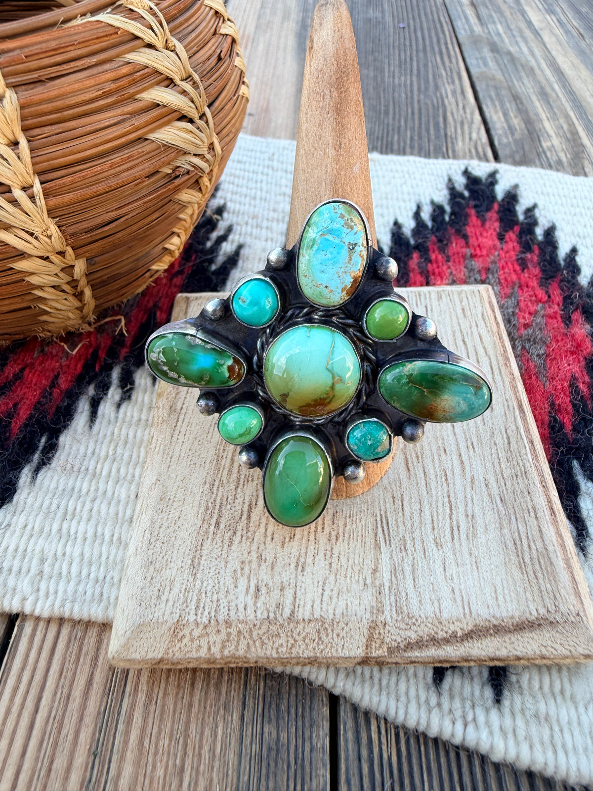 Handcrafted Turquoise & Sterling Silver Cluster Adjustable Ring