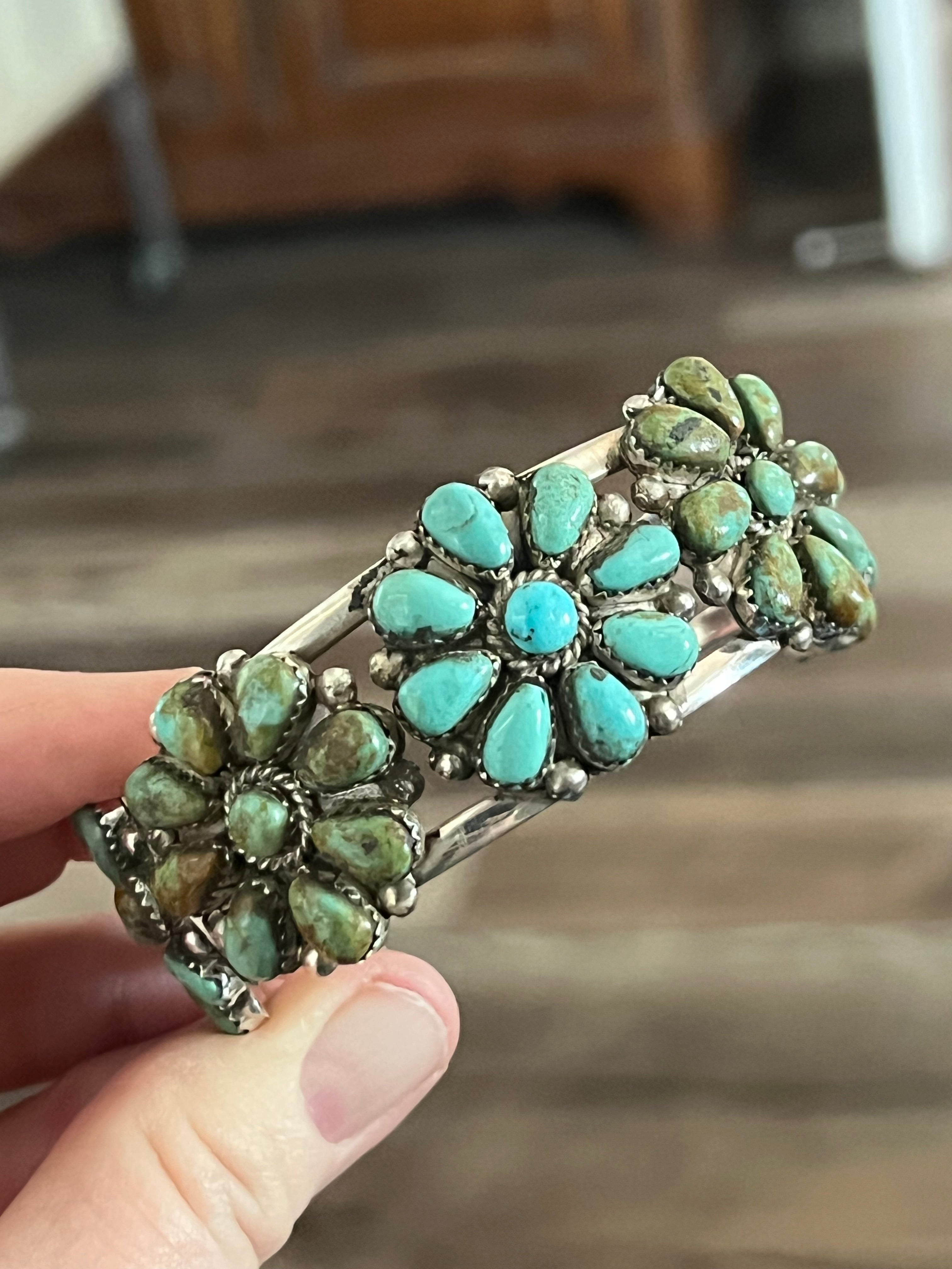 Handcrafted Old Pawn Sterling Silver and Mixed Turquoise Daisy Cluster Cuff Bracelet, Signed MA /
