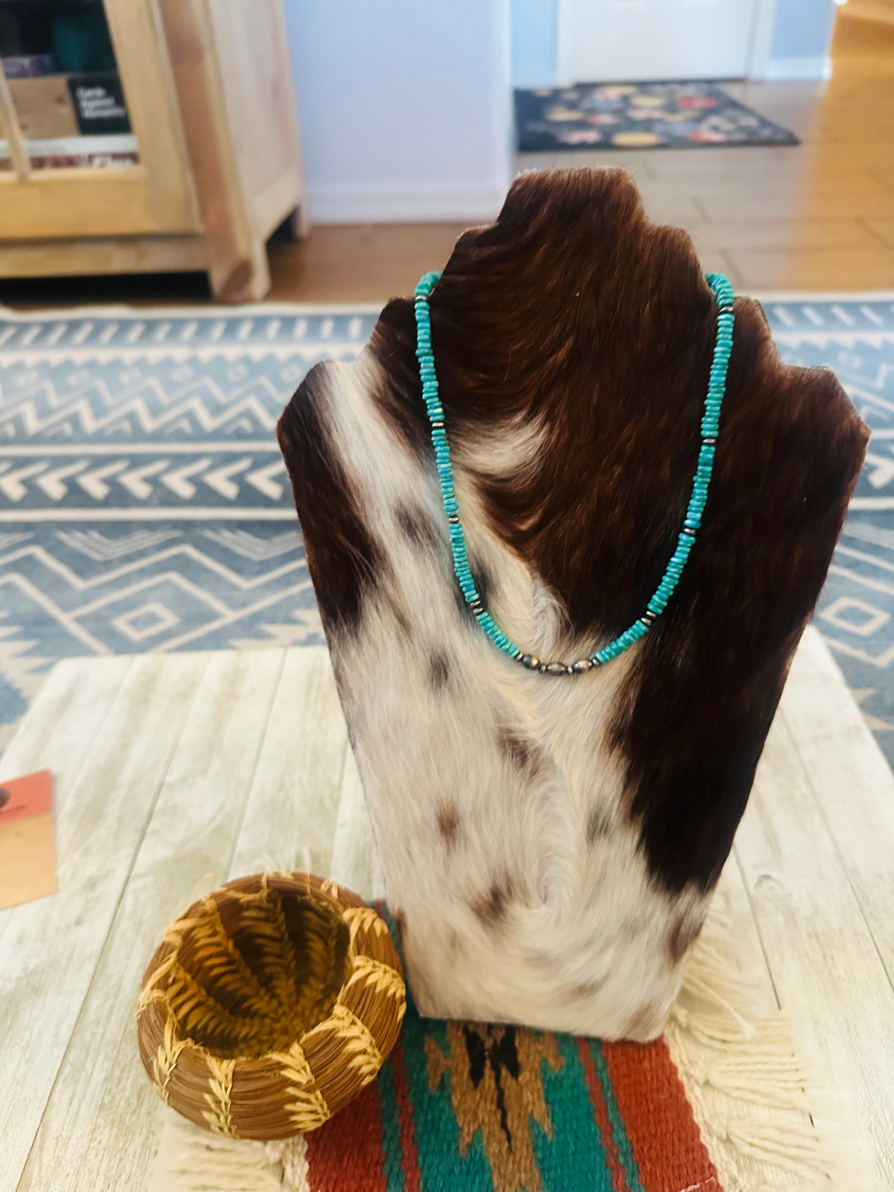 Handcrafted Turquoise & Sterling Silver Beaded Necklace 16”