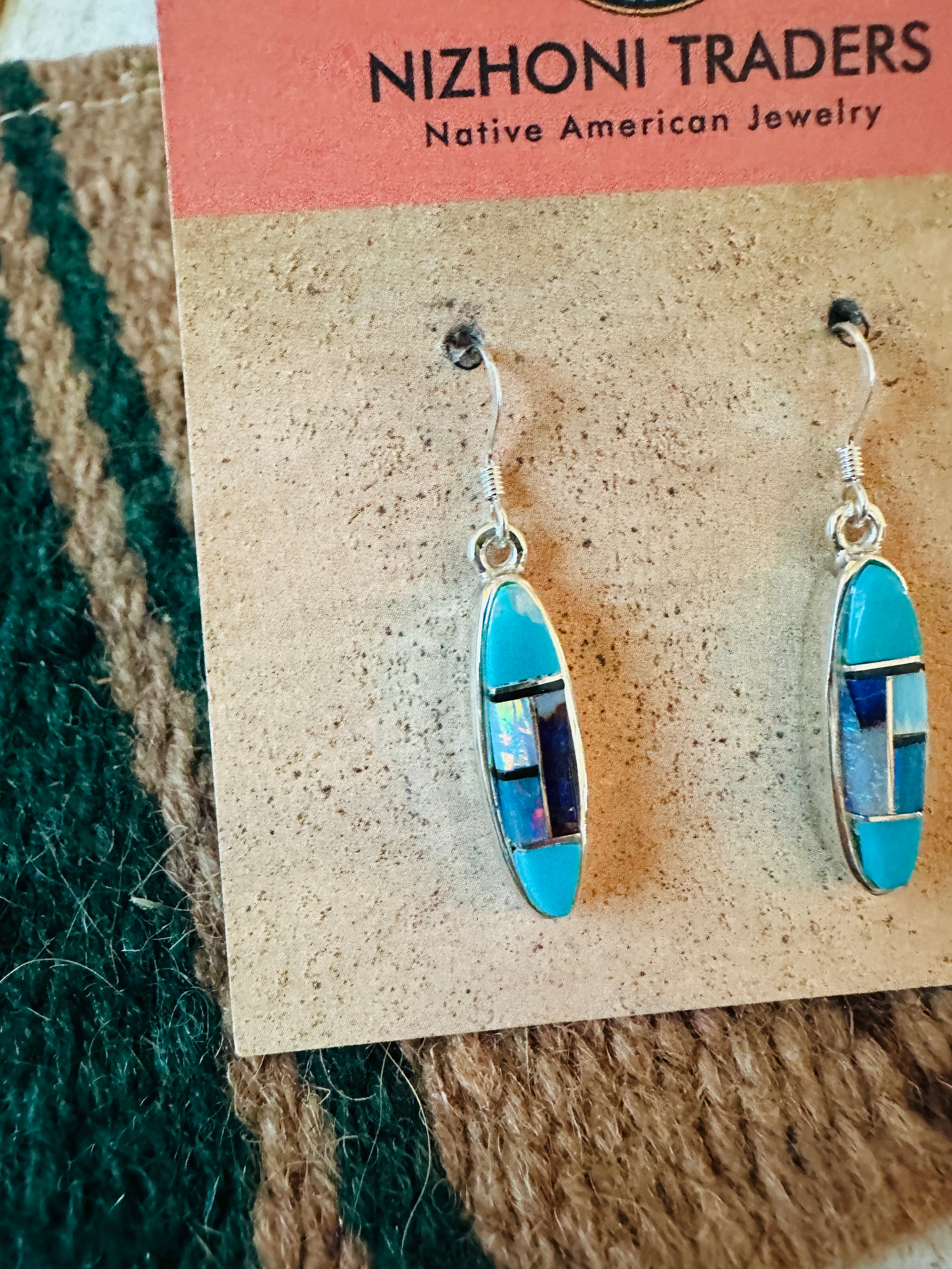 Handcrafted Sterling Silver & Multi Stone Inlay Dangle Earrings
