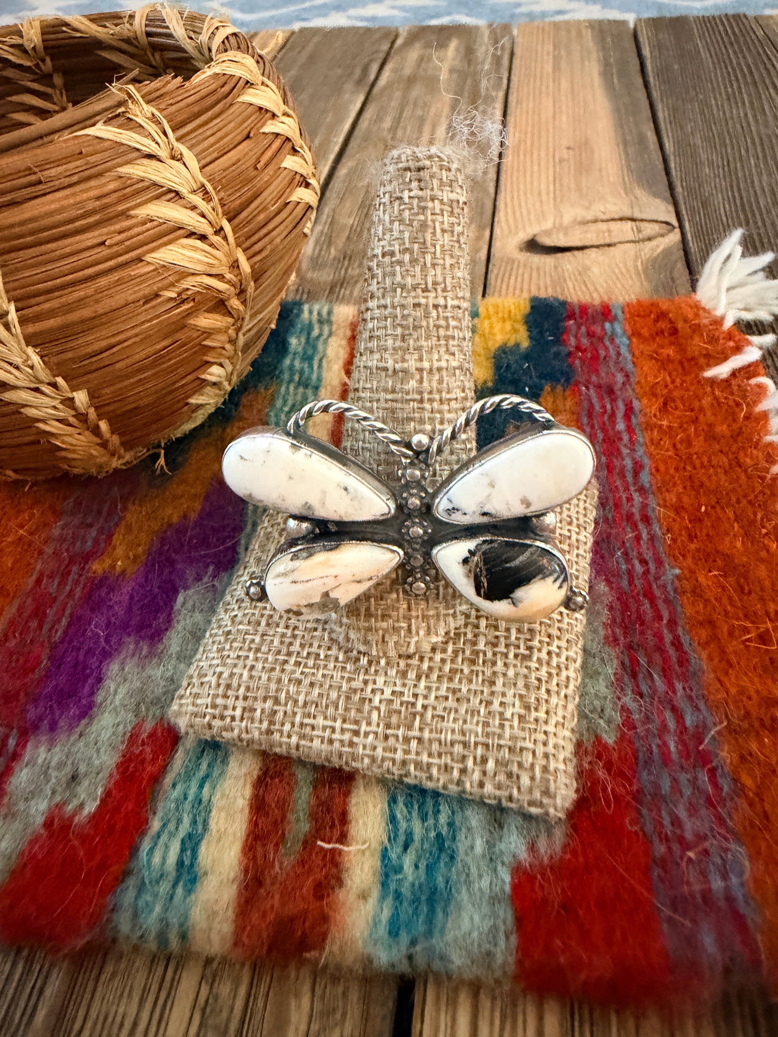 Handcrafted White Buffalo & Sterling Silver Adjustable Butterfly Ring