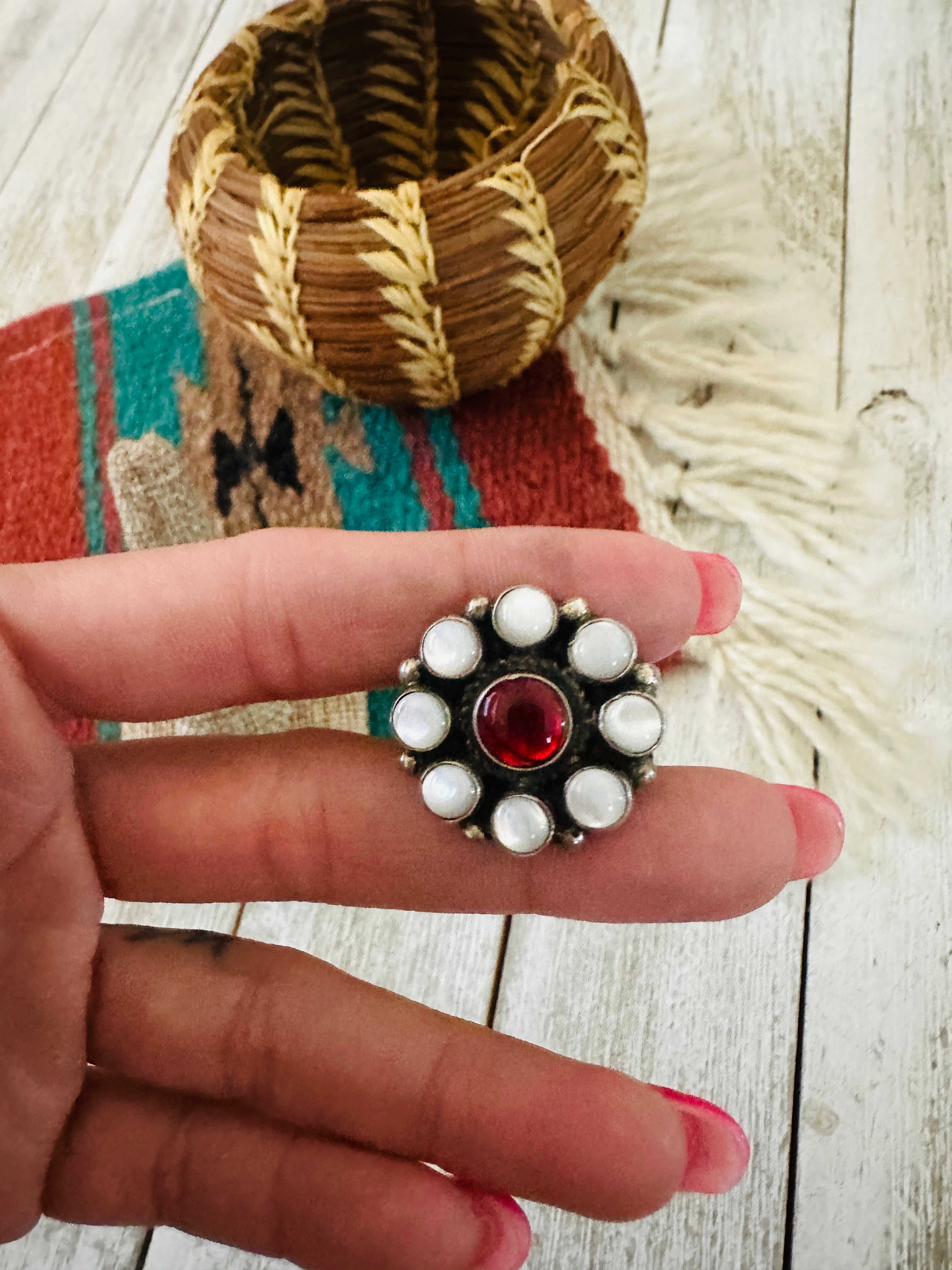 Handcrafted Sterling Silver, Mother of Pearl and Garnet Cluster Adjustable Ring