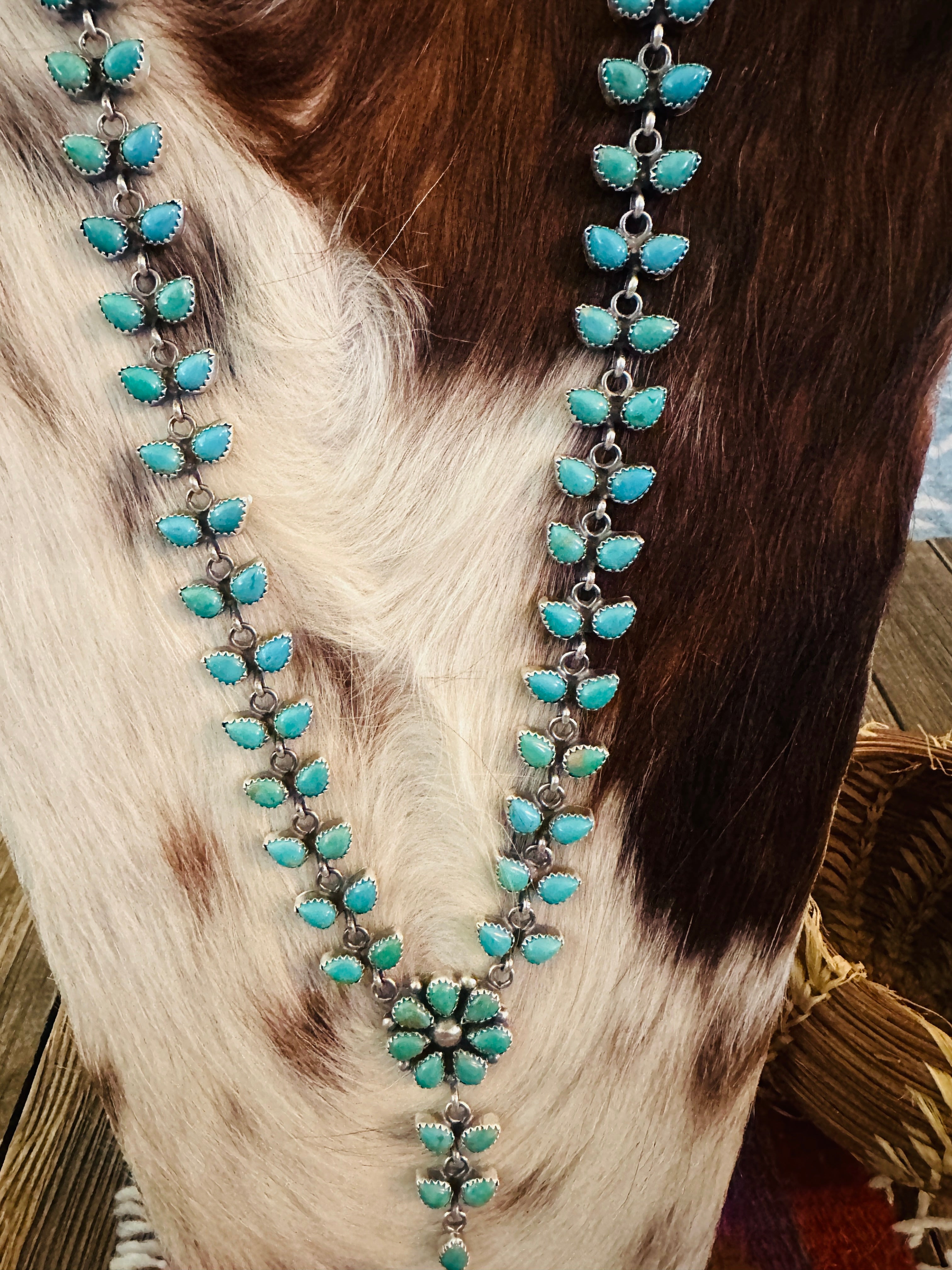 Handcrafted Turquoise & Sterling Silver Flower Cluster Necklace by Pearlene Spencer