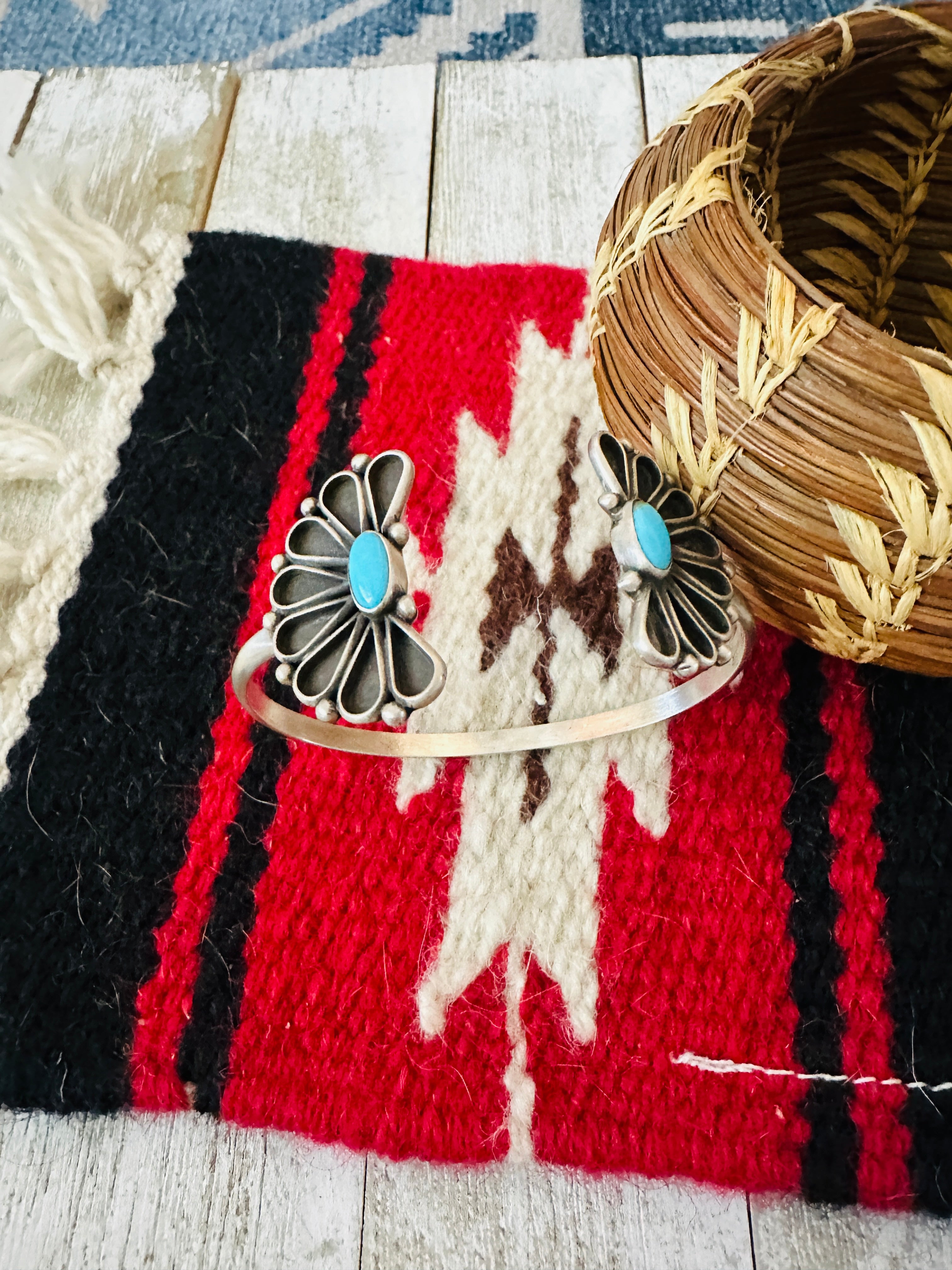 Navajo Turquoise & Sterling Silver Flower Floating Cuff Bracelet
