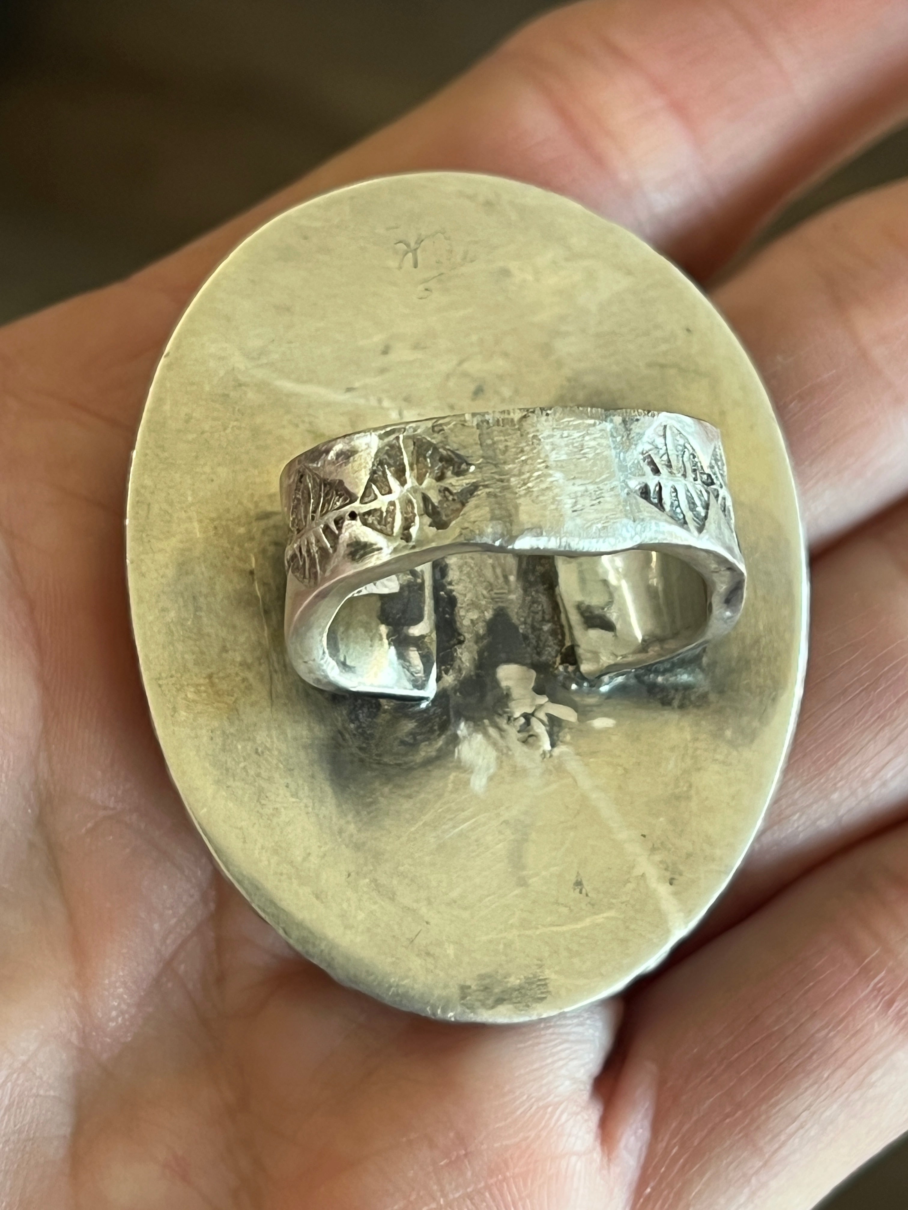 Vintage Sterling Silver and Wood Ring with Turquoise and Mother of Pearl Inlay Steer Head, Size 10.5