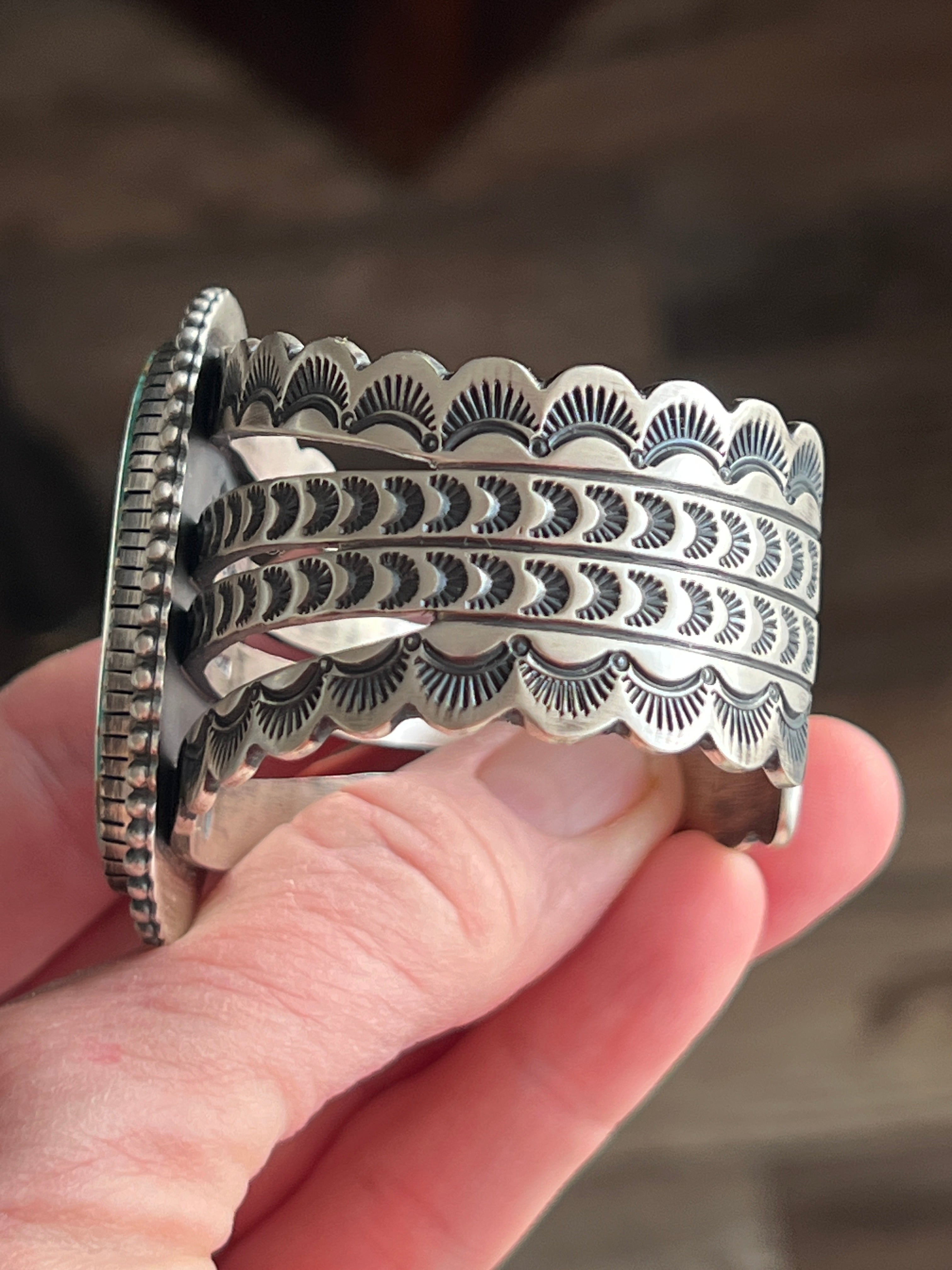 Handcrafted and Hand Stamped Sterling Silver and Royston Turquoise Cuff Bracelet by Diane Wylie