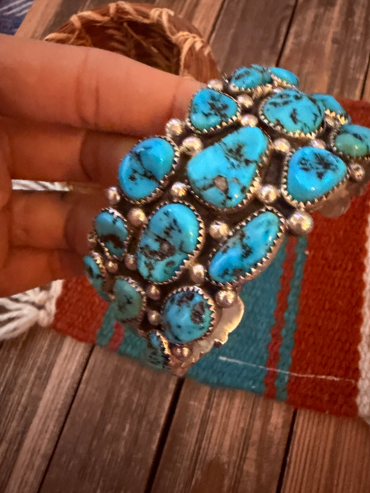 Handcrafted Old Pawn Sterling Silver & Kingman Turquoise Cluster Cuff Bracelet