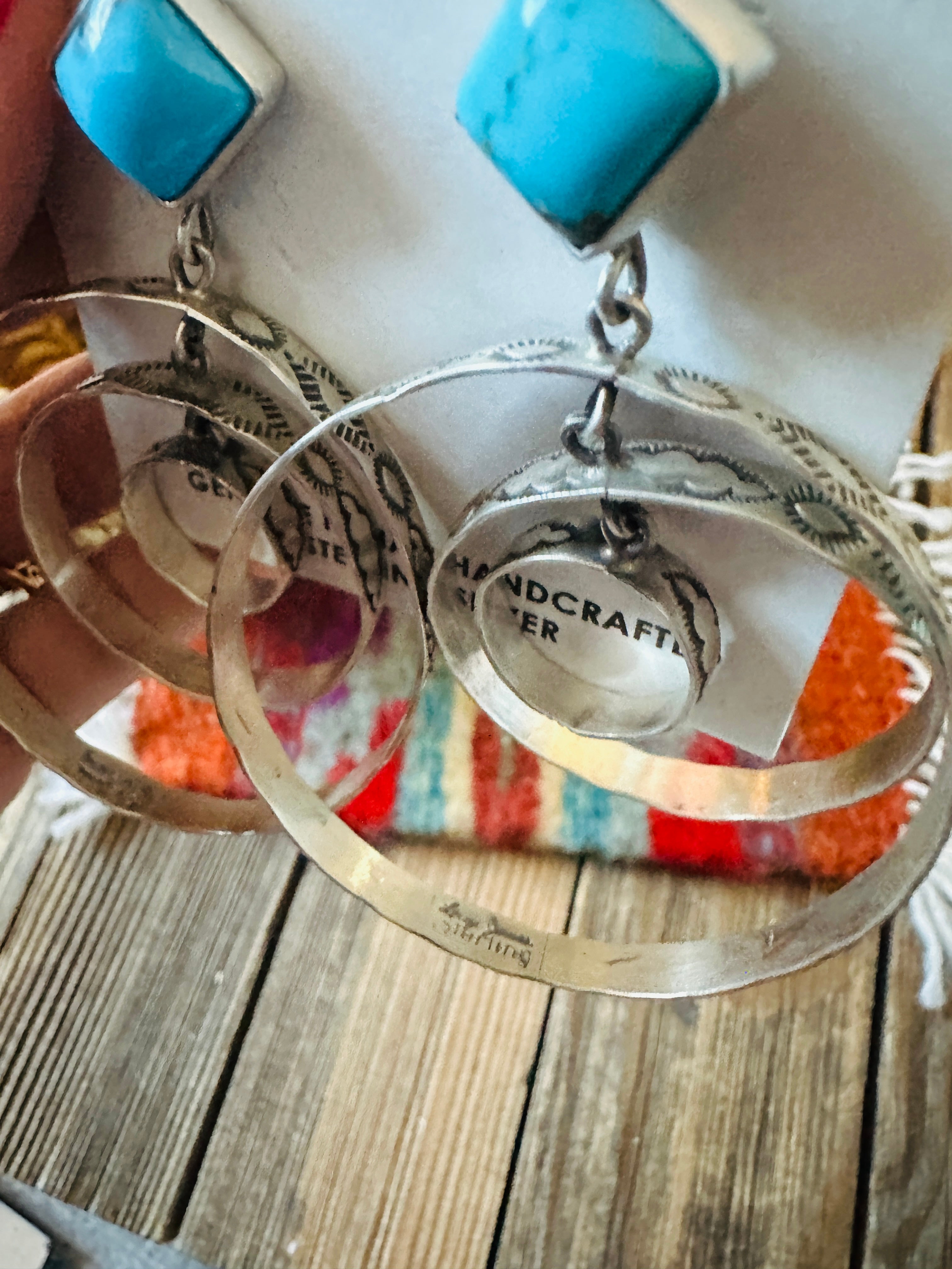 Handcrafted Turquoise & Sterling Silver Dangle Hoop Earrings by Leroy James