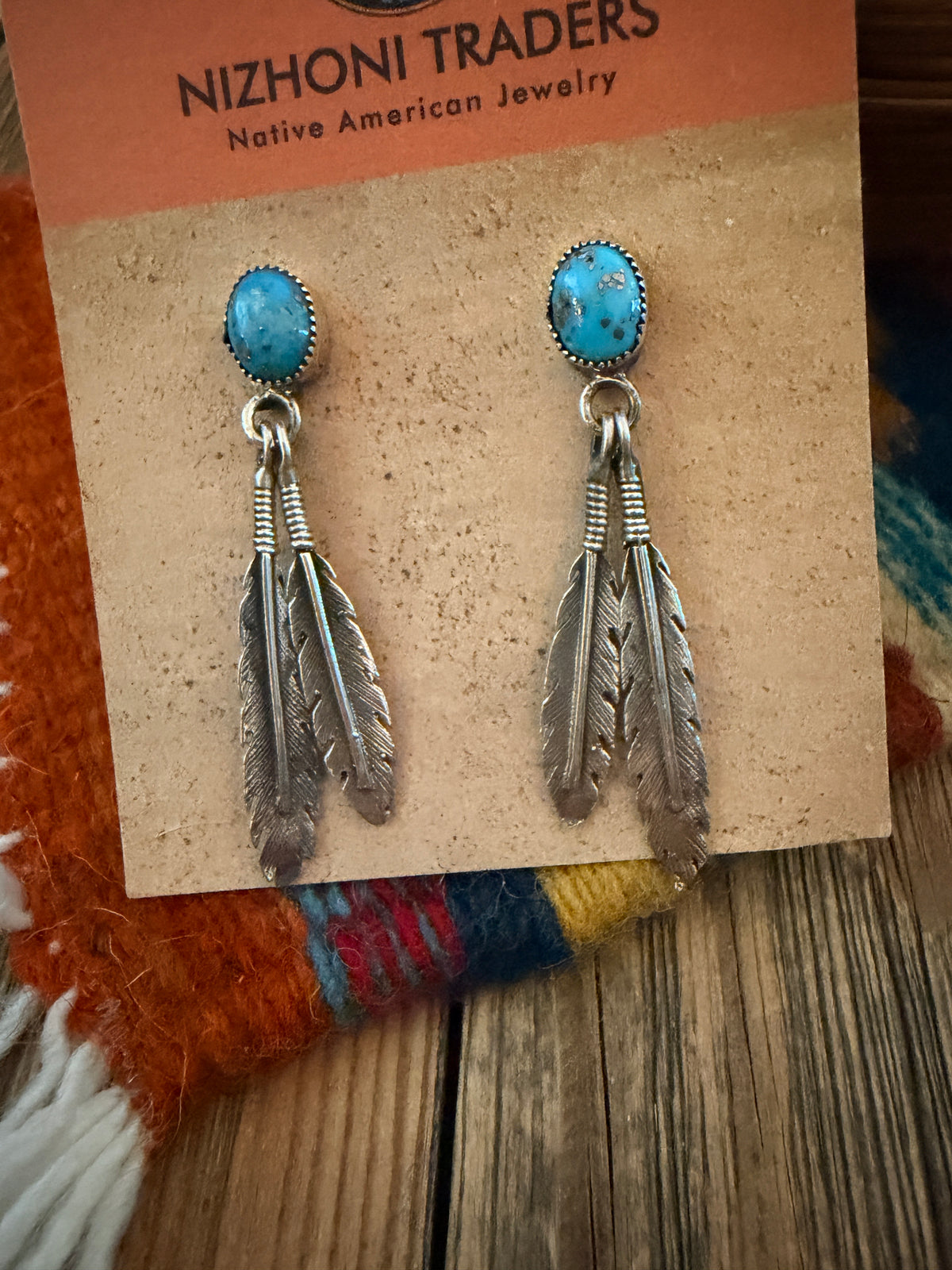 Handcrafted Turquoise & Sterling Silver Feather Dangle Earrings