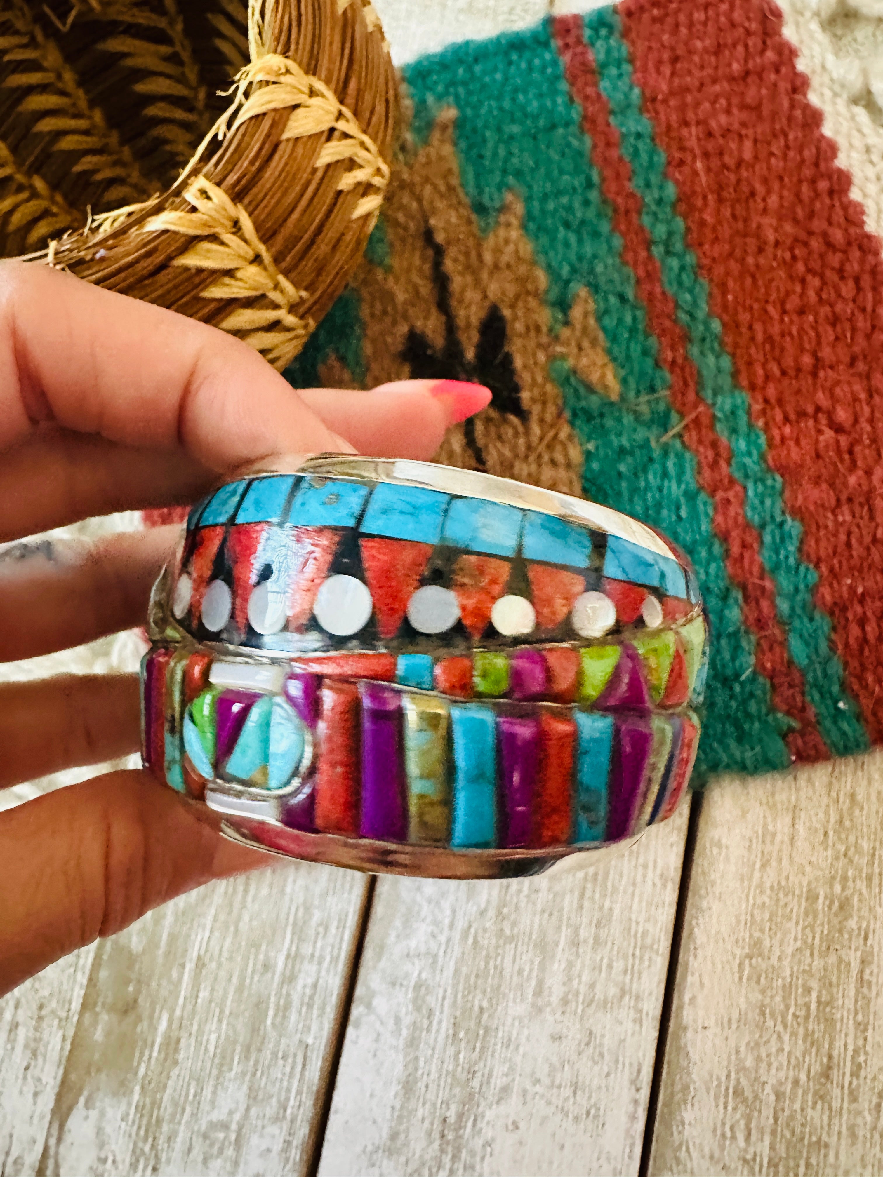 Handmade Sterling Silver Multi Stone Inlay Cuff