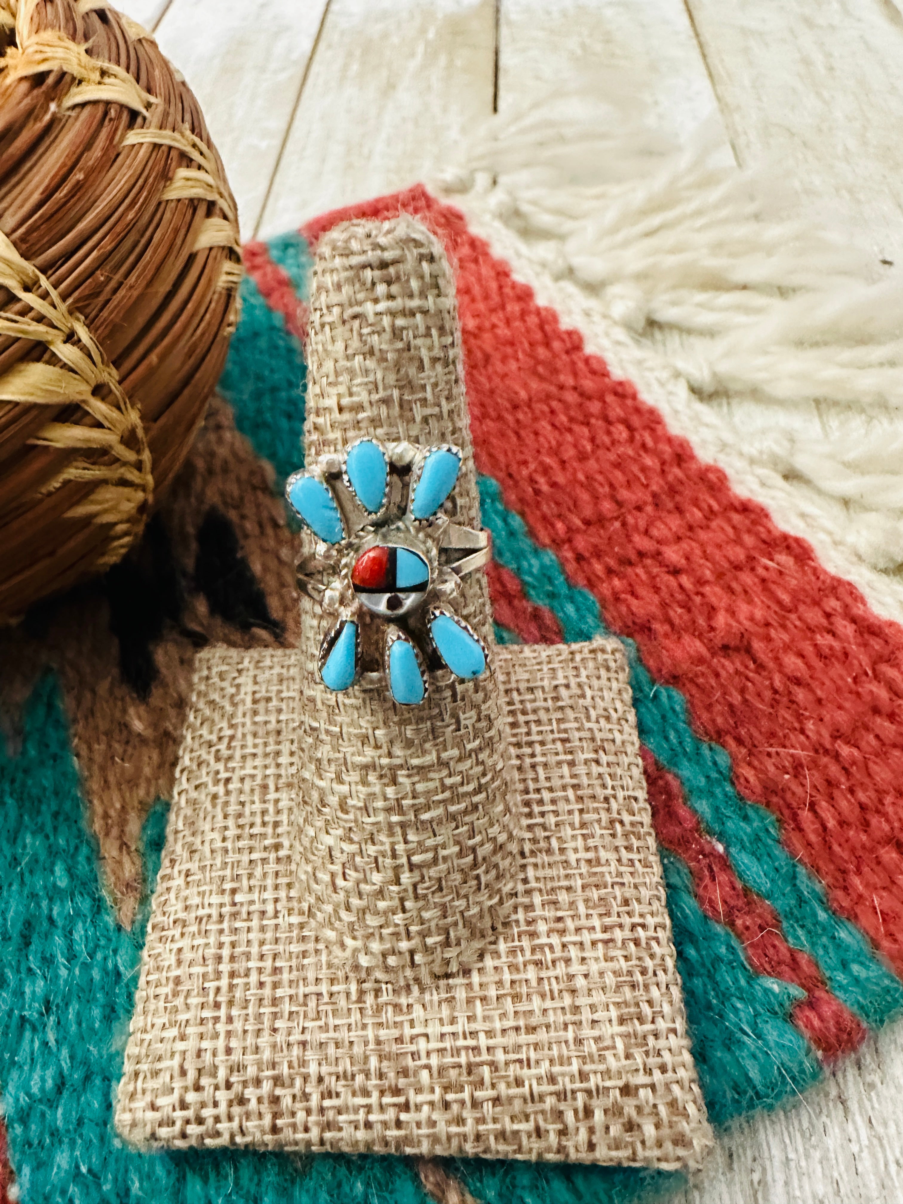 Handcrafted Multi Stone & Sterling Silver Inlay Sun Face Ring Size 6.5