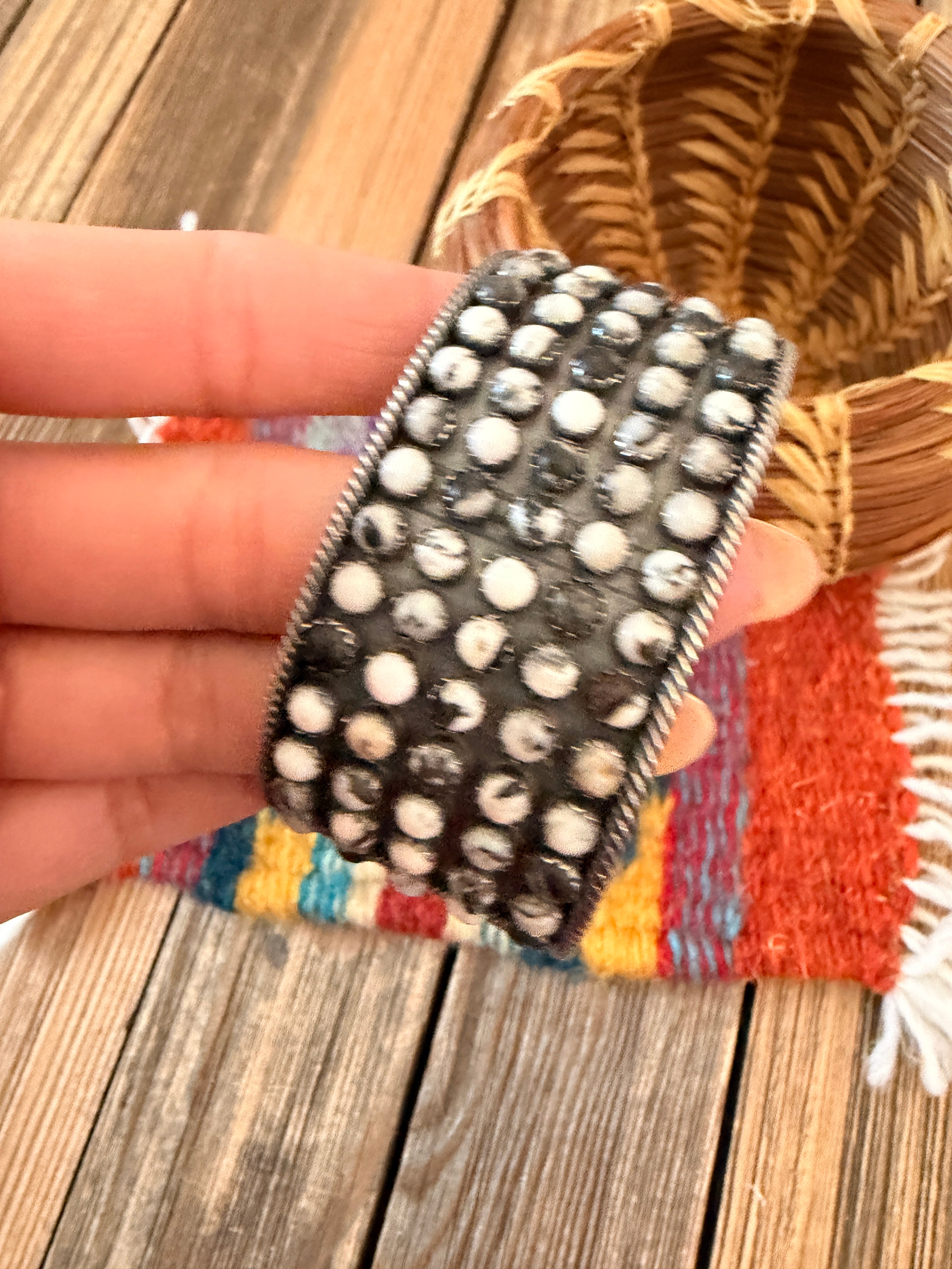 Handcrafted White Buffalo & Sterling Silver Cluster Cuff Bracelet by Paul Livingston