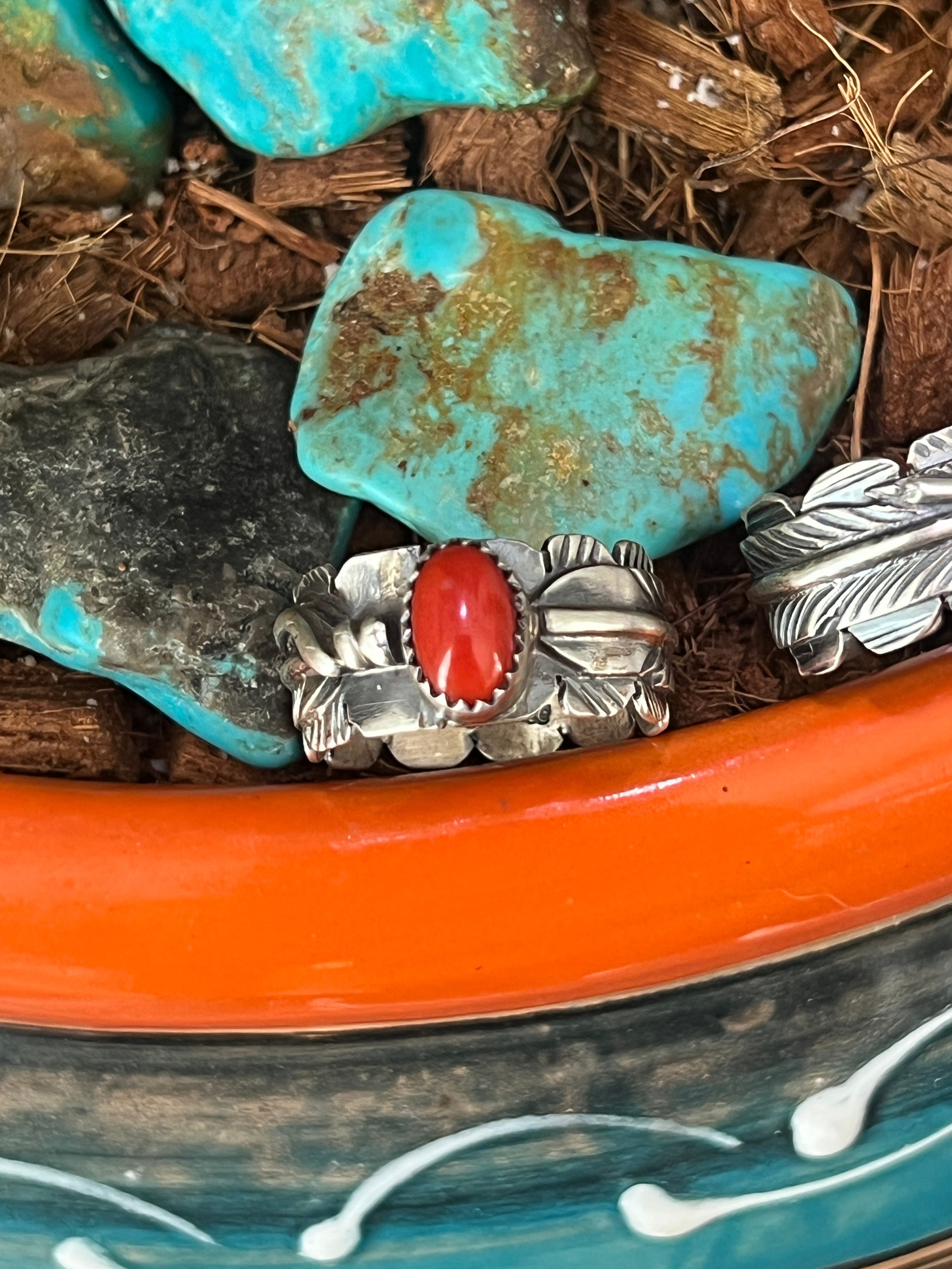 Handcrafted Sterling Silver Stout Feather Rings with Mediterranean Coral, Signed KM