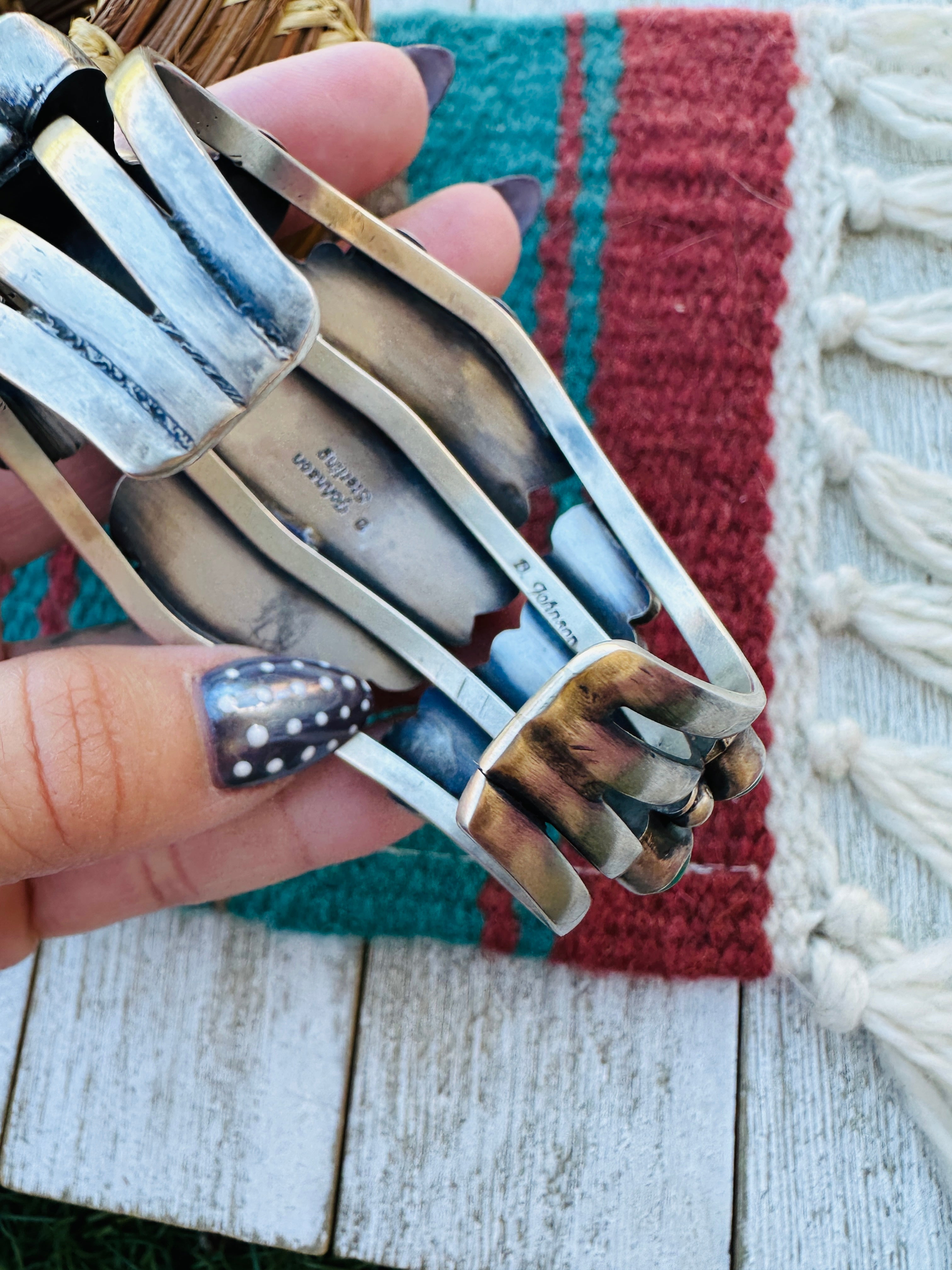 Handcrafted Sterling Silver & Blue Water Turquoise Cluster Cuff Bracelet by Bobby Johnson