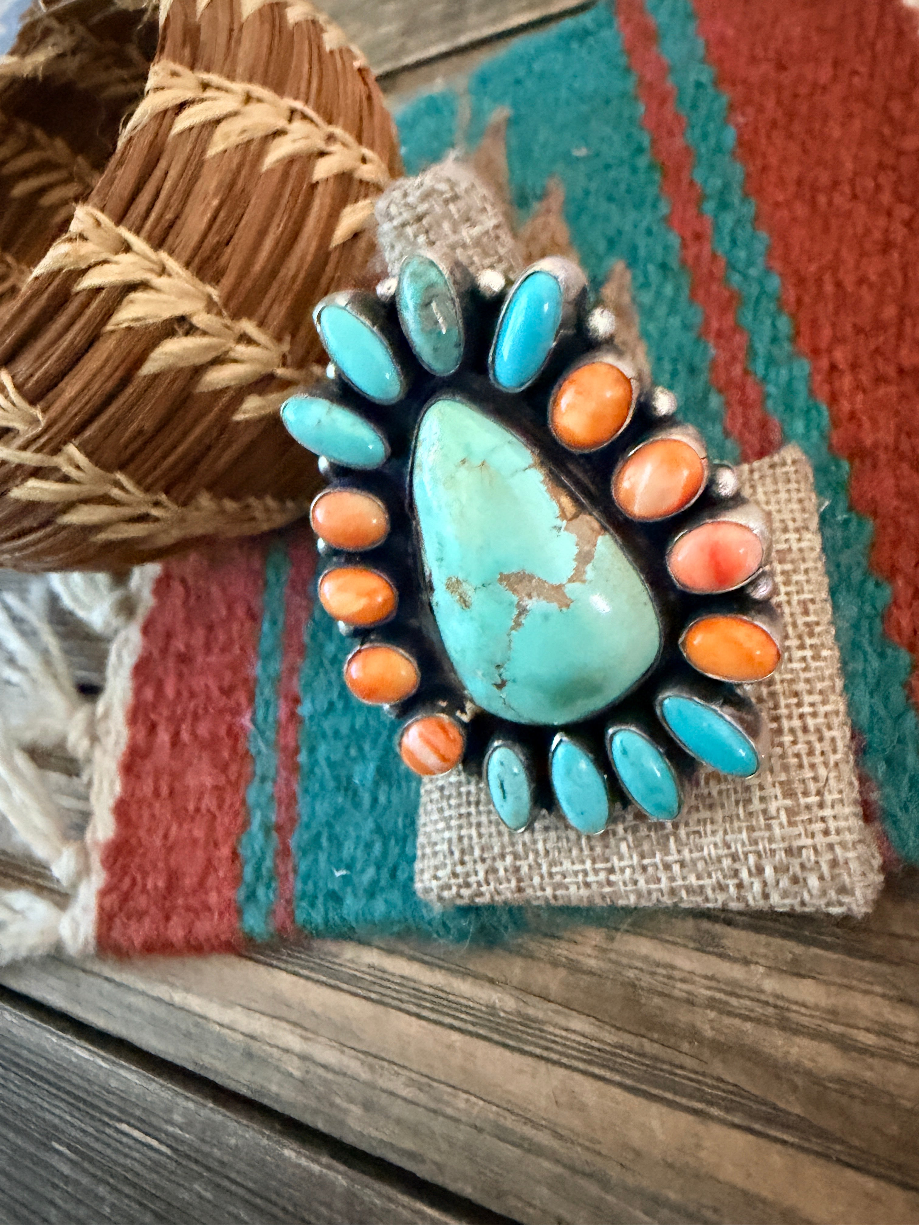Handcrafted Spiny Oyster, Turquoise & Sterling Silver Cluster Ring by Sheila Becenti Size 11.25