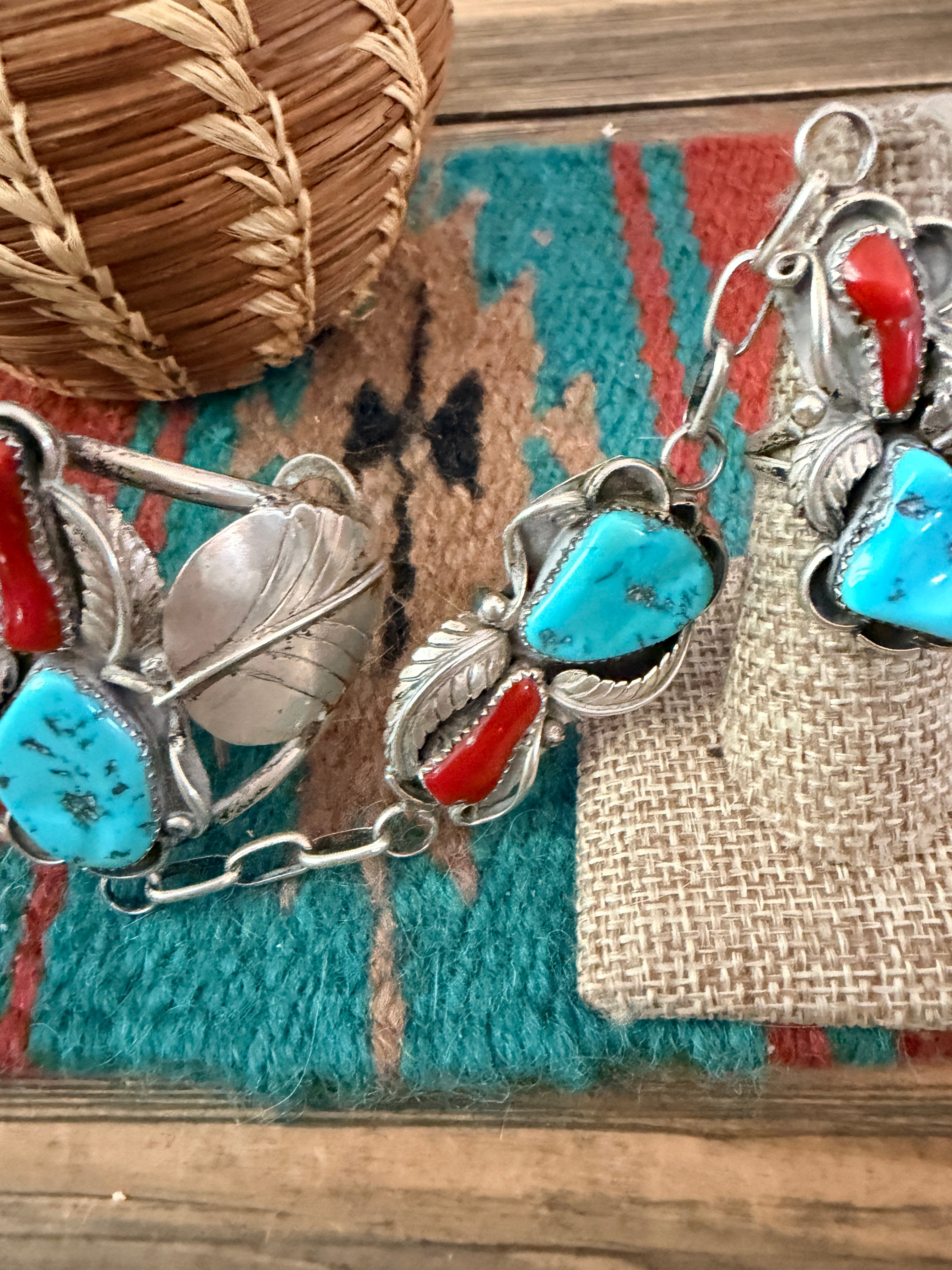 Handcrafted Old Pawn Turquoise, Coral & Sterling Silver Cuff Bracelet with Hand Chain