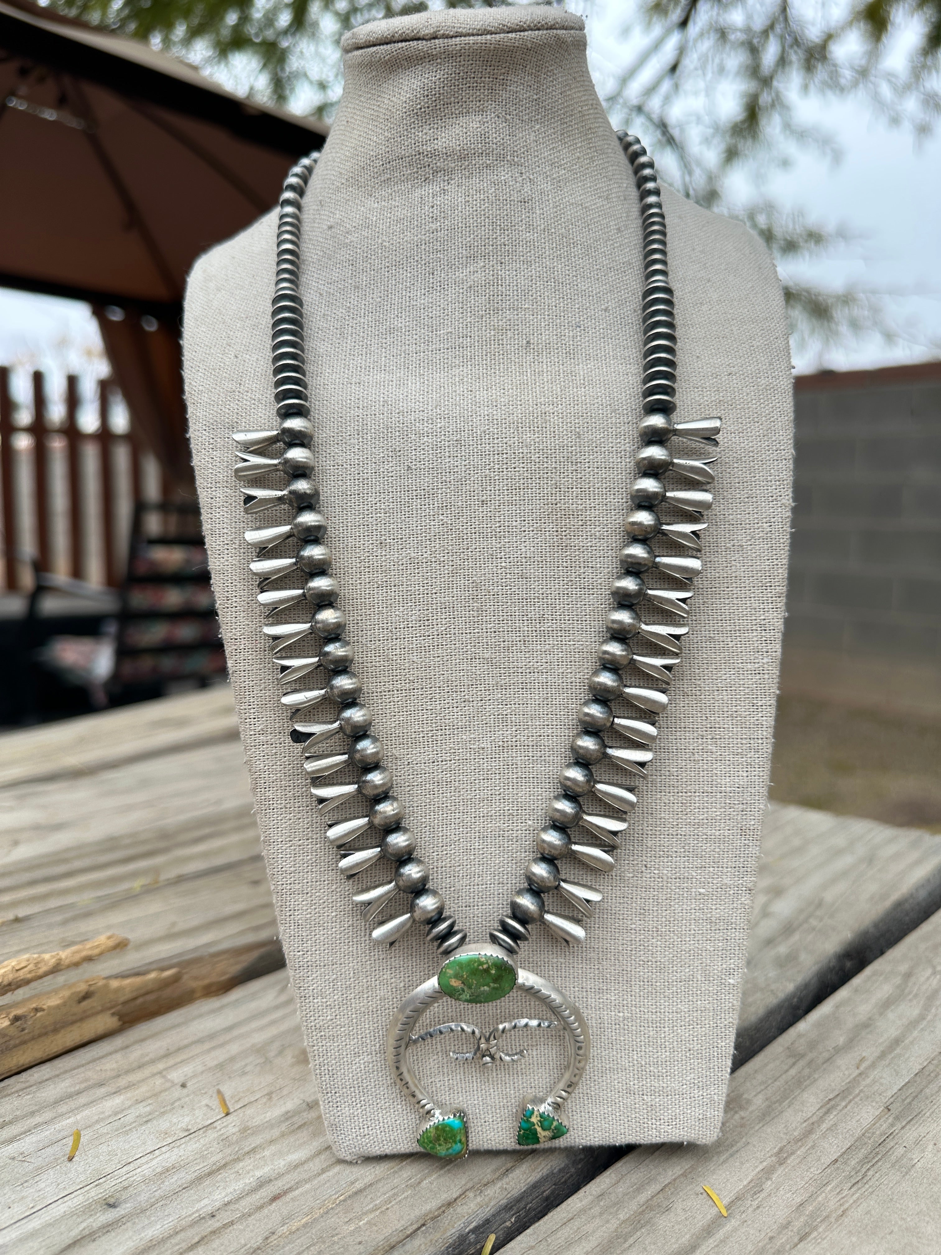 Beautiful Handmade Sterling Silver & Sonoran Mountain Turquoise Squash Blossom Necklace