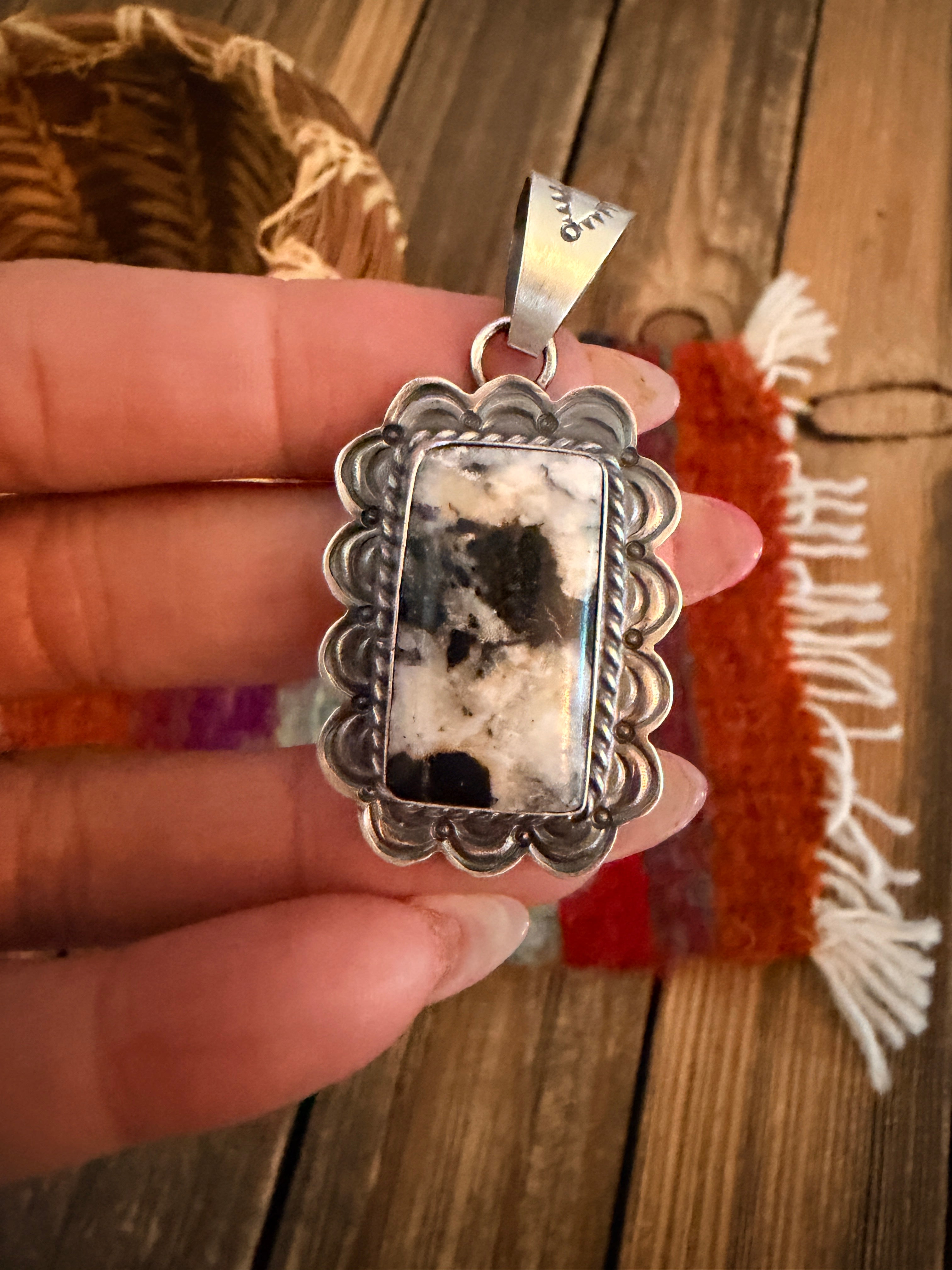 Handcrafted Sterling Silver & White Buffalo Pendant by David Skeets
