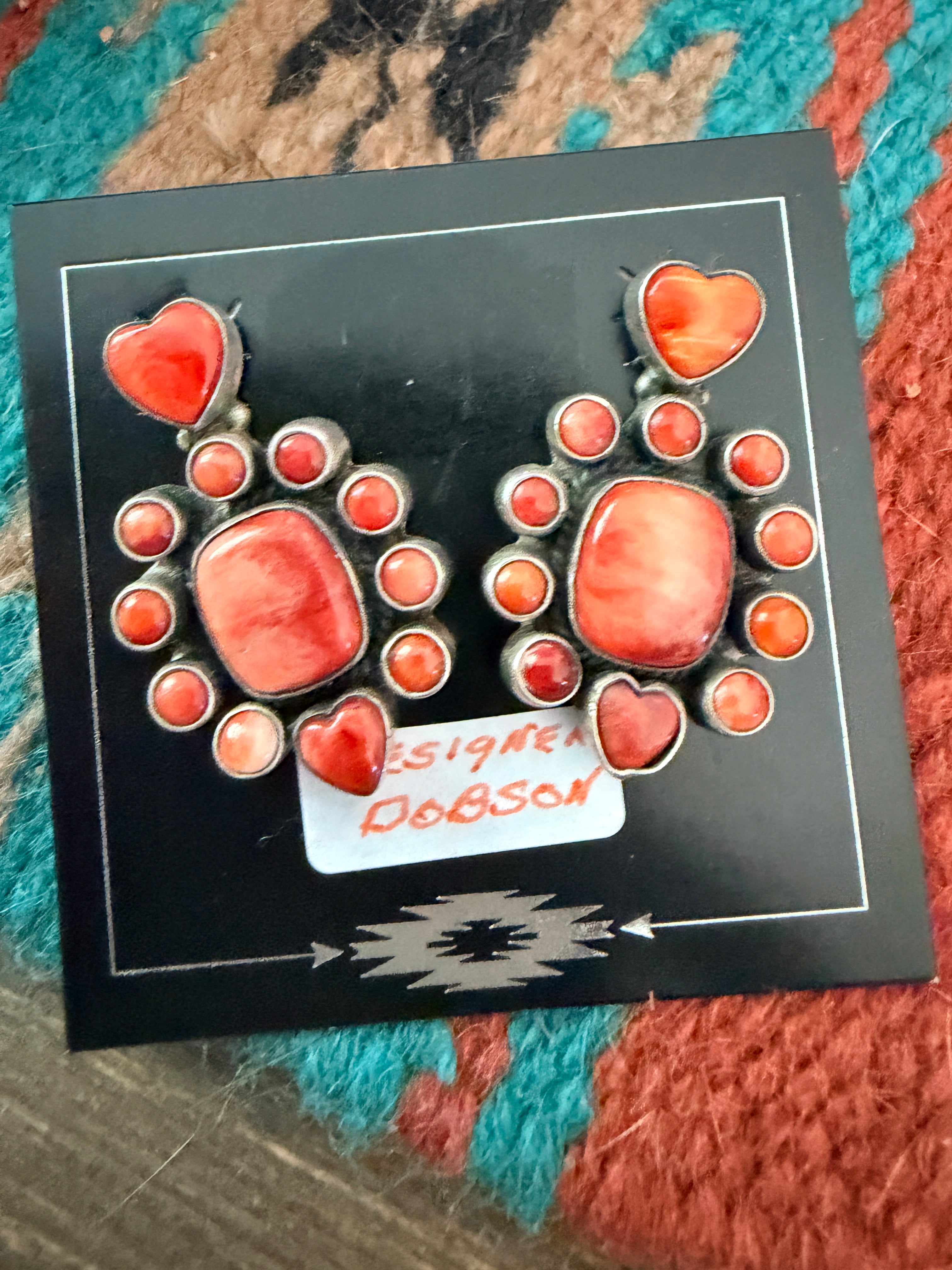 Handmade Old Pawn Orange Spiny Oyster & Sterling Silver Heart Earrings by Dan Dodson