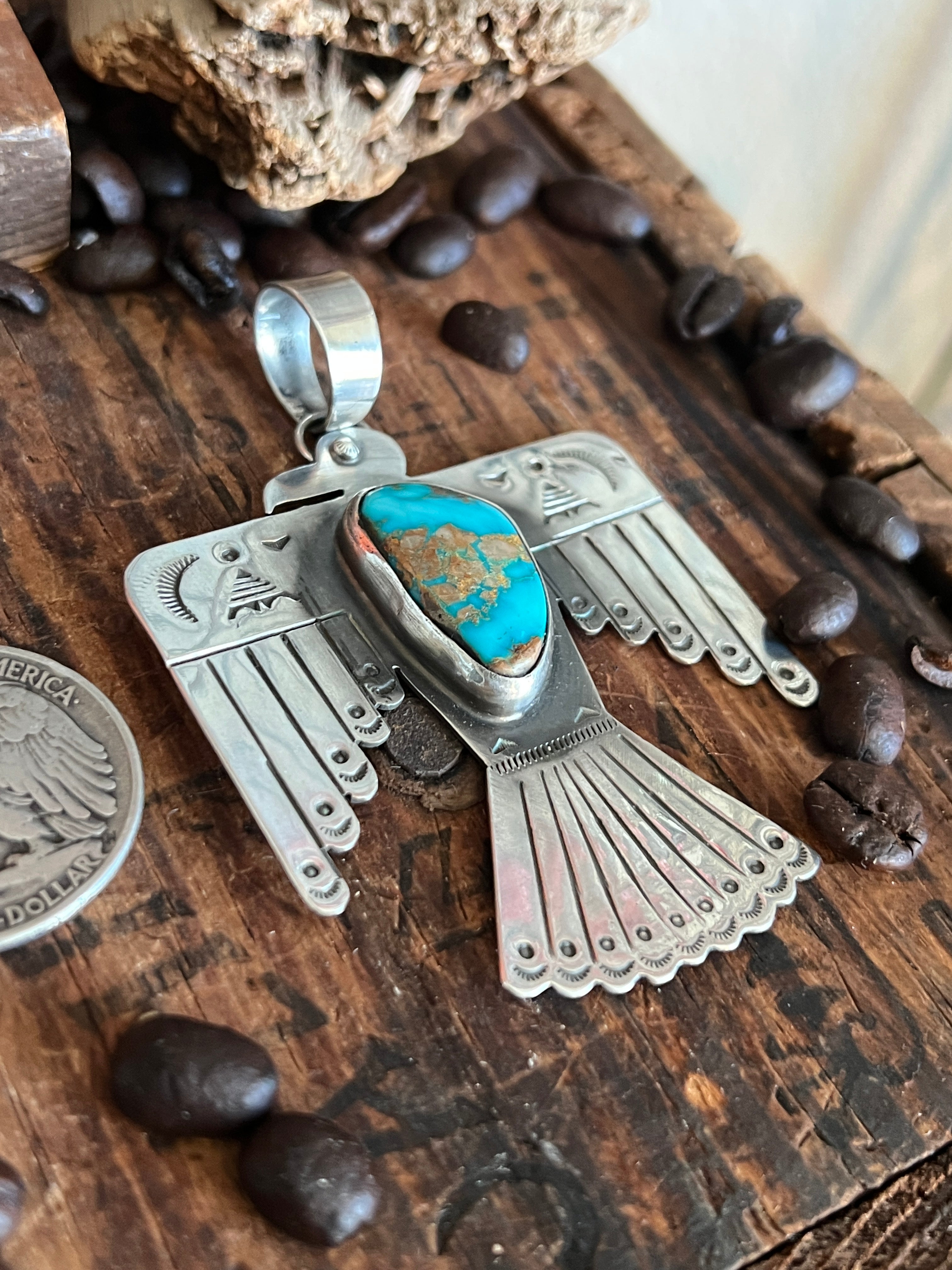 Hand Stamped Sterling Silver & Royston Turquoise Thunderbird Pendant by Kimari Somers