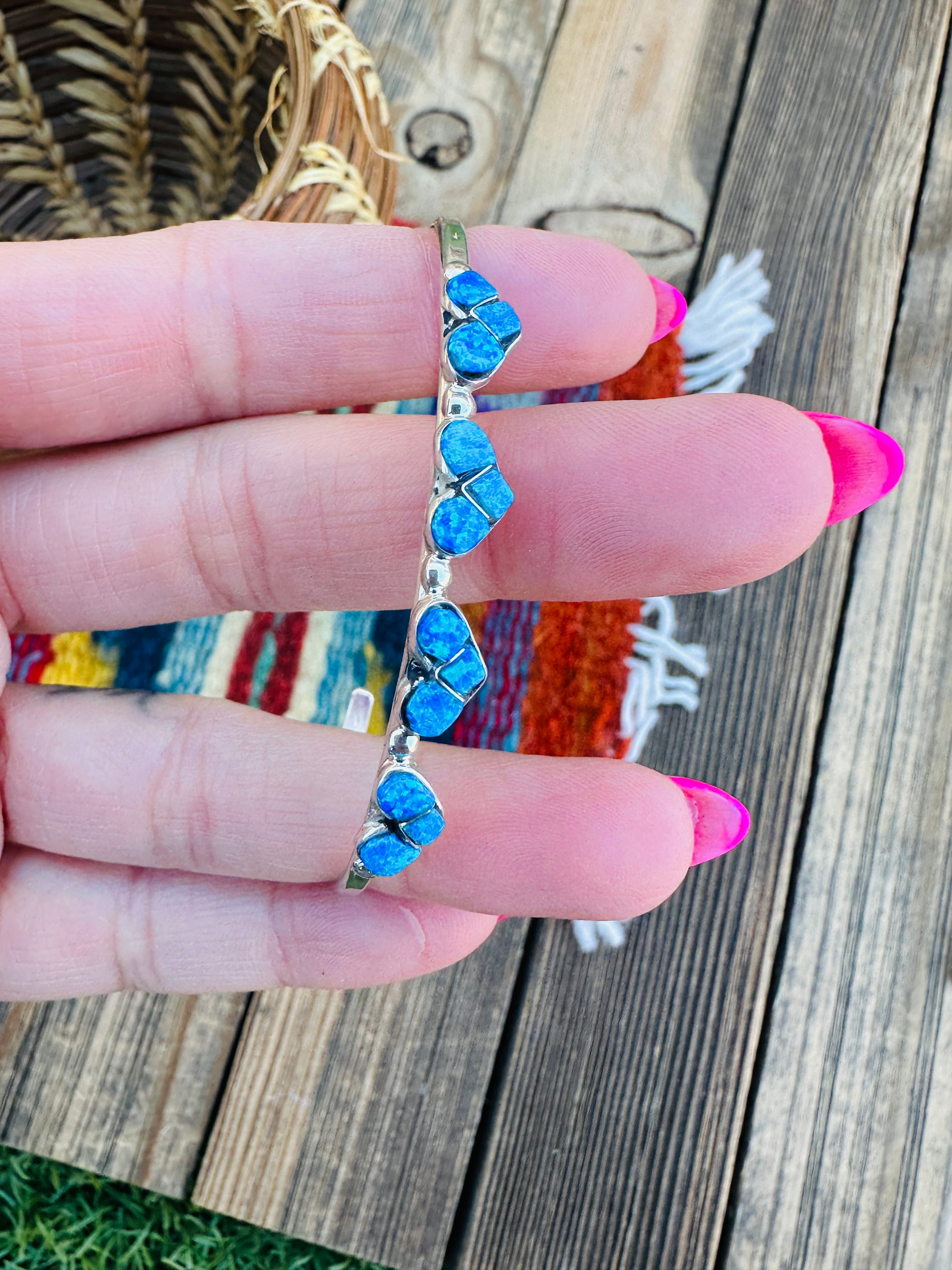 Handcrafted Sterling Silver & Blue Opal Heart Inlay Cuff Bracelet