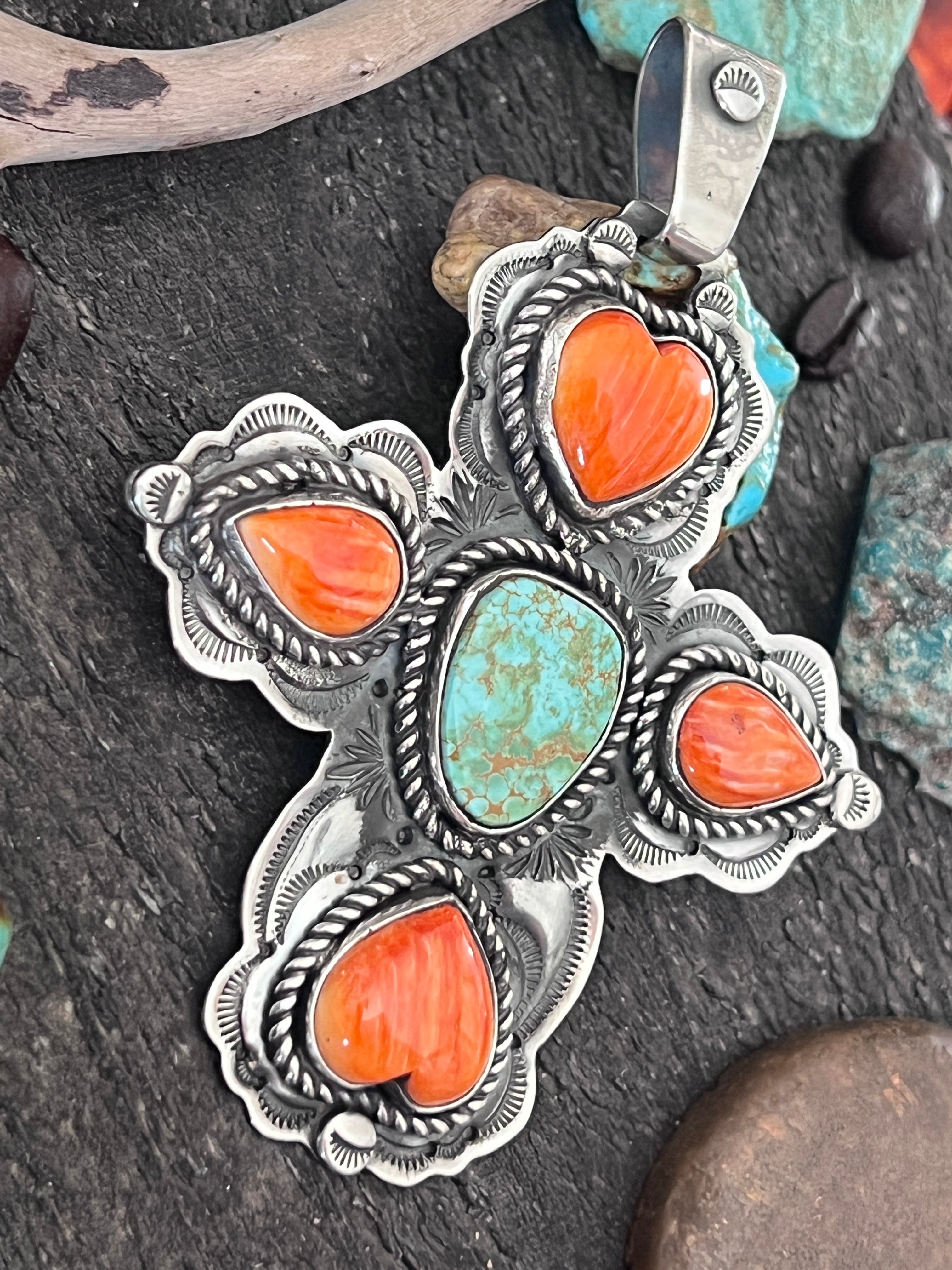 Hand Stamped Sterling Silver, Pilot Mountain Turquoise & Spiny Oyster Cross Pendant by Kimari Somers