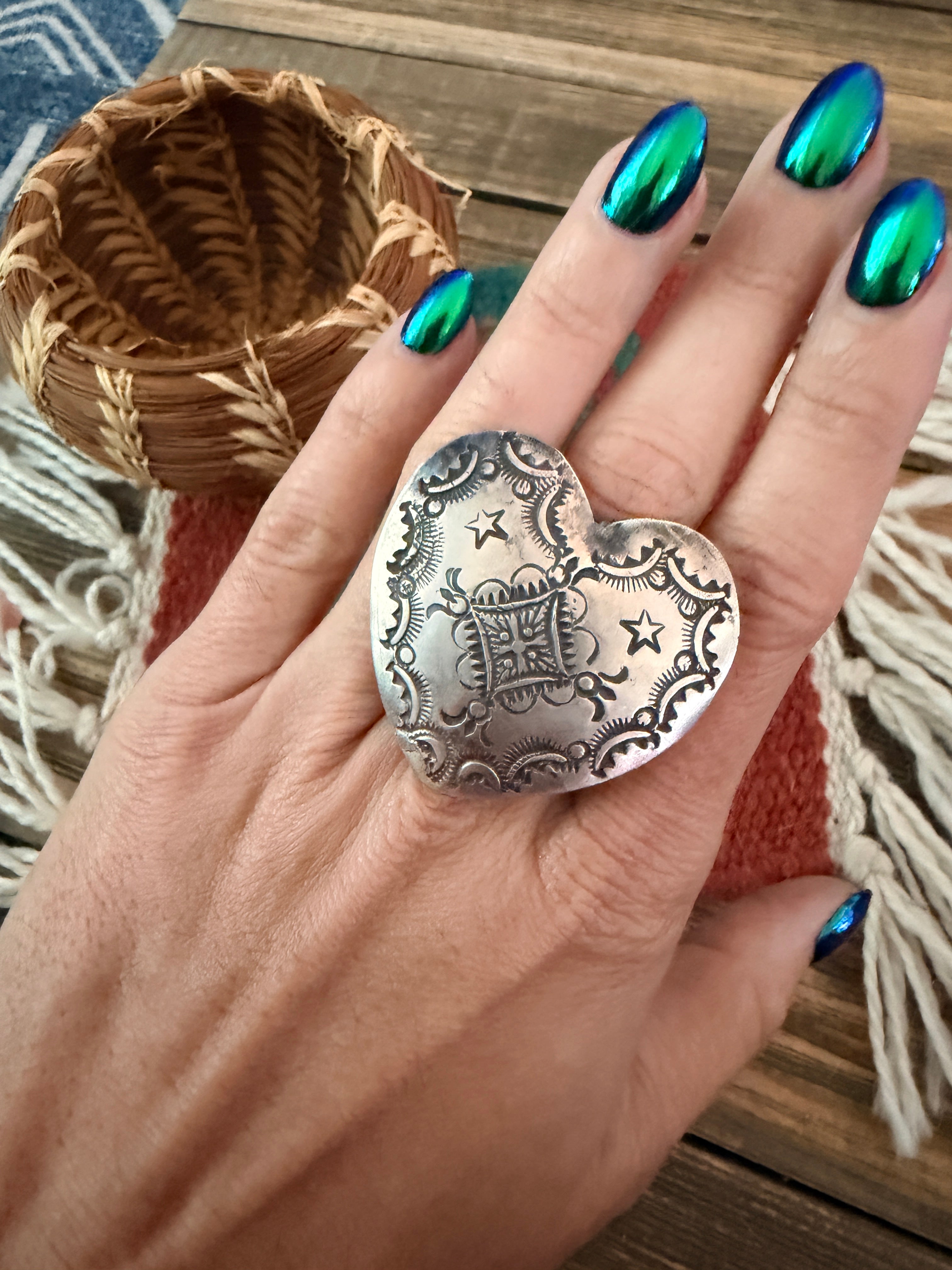 Handcrafted Sterling Silver Adjustable Heart Concho Ring by Vincent Platero