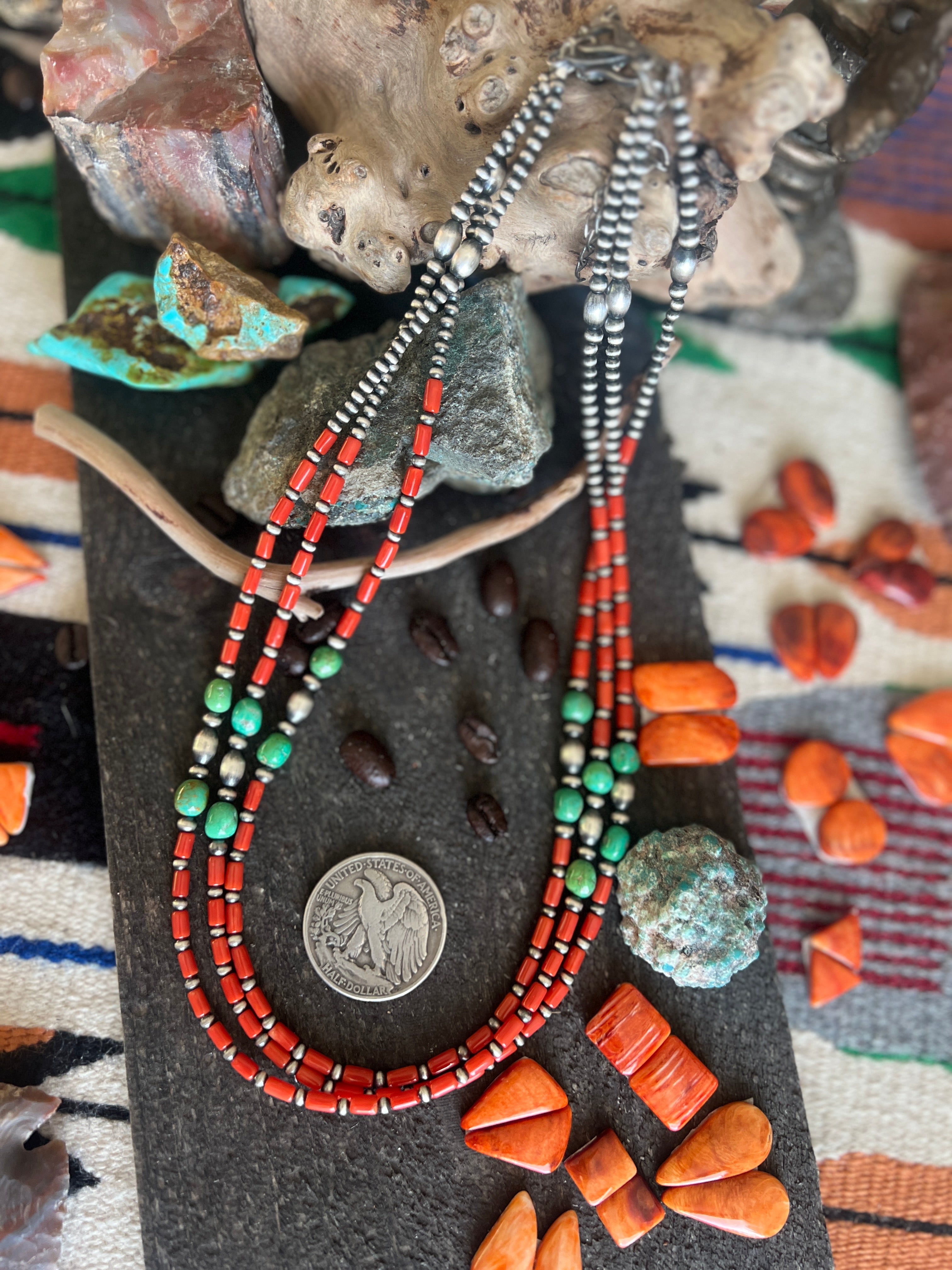 Bohemian Bliss Beaded Layering Necklace with Sterling Silver, Mediterranean Coral and Sonoran Gold Turquoise, 20” + 1-1/2”