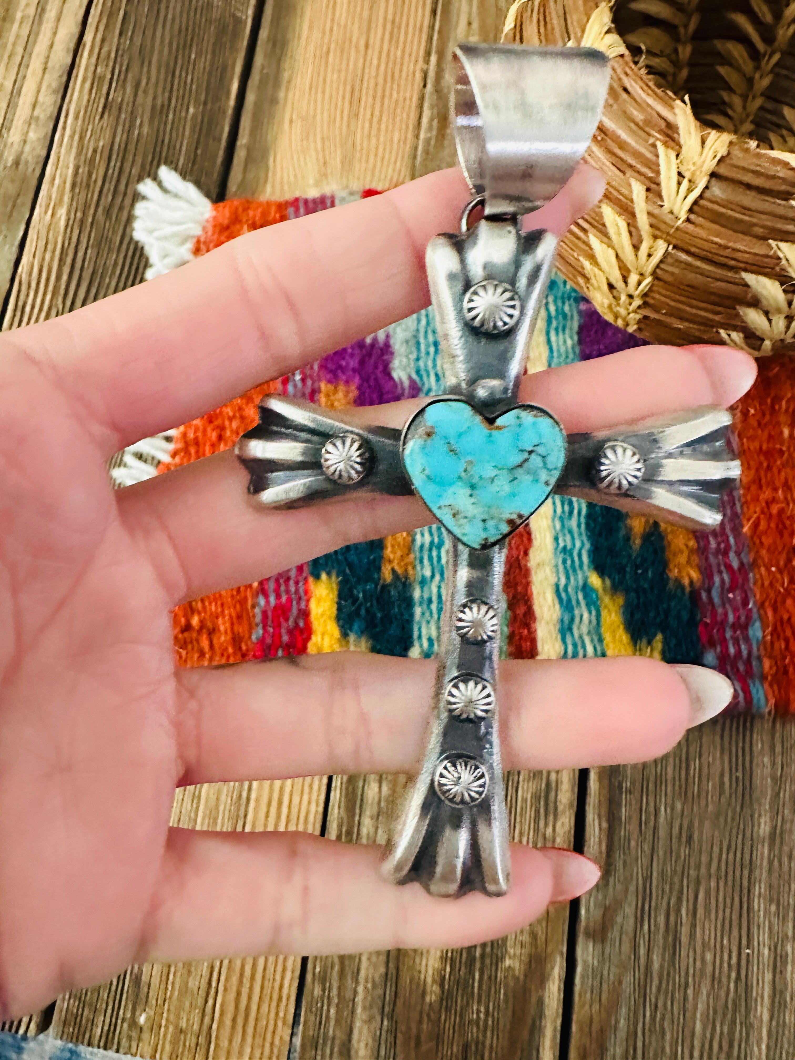 Handcrafted Turquoise & Sterling Silver Heart Cross Pendant by Chimney Butte