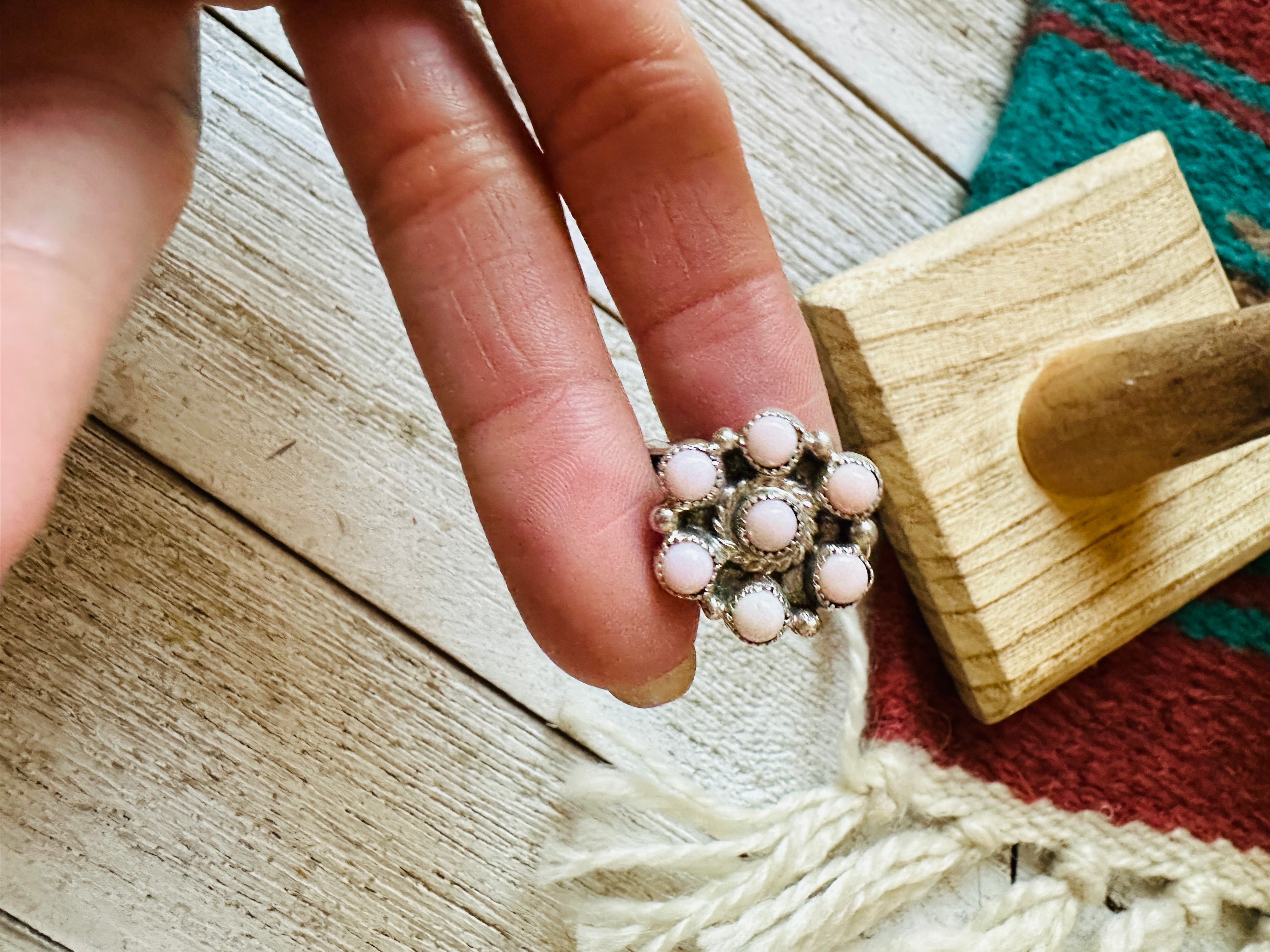 Handcrafted Sterling Silver & Queen Pink Conch Cluster Adjustable Ring