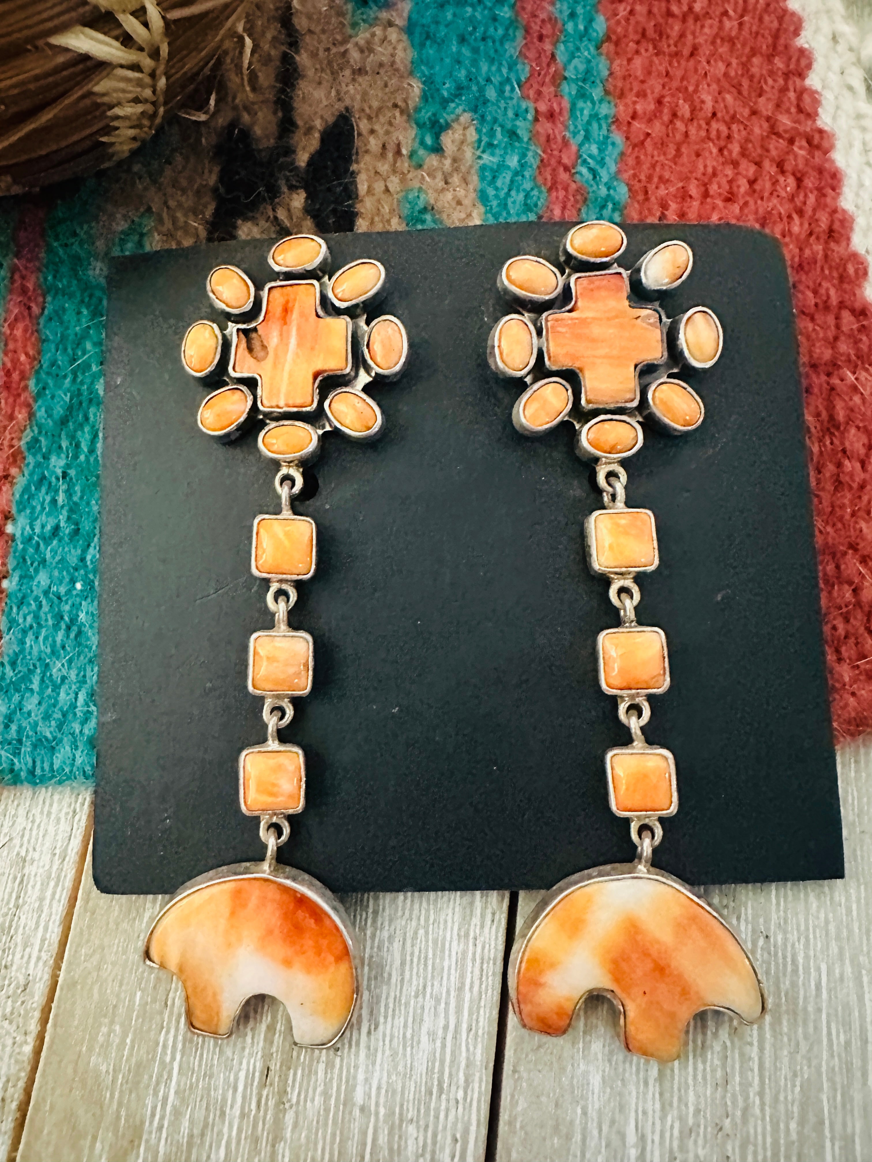 Handcrafted Orange Spiny & Sterling Silver Bear Dangle Earrings by Federico Jimenez