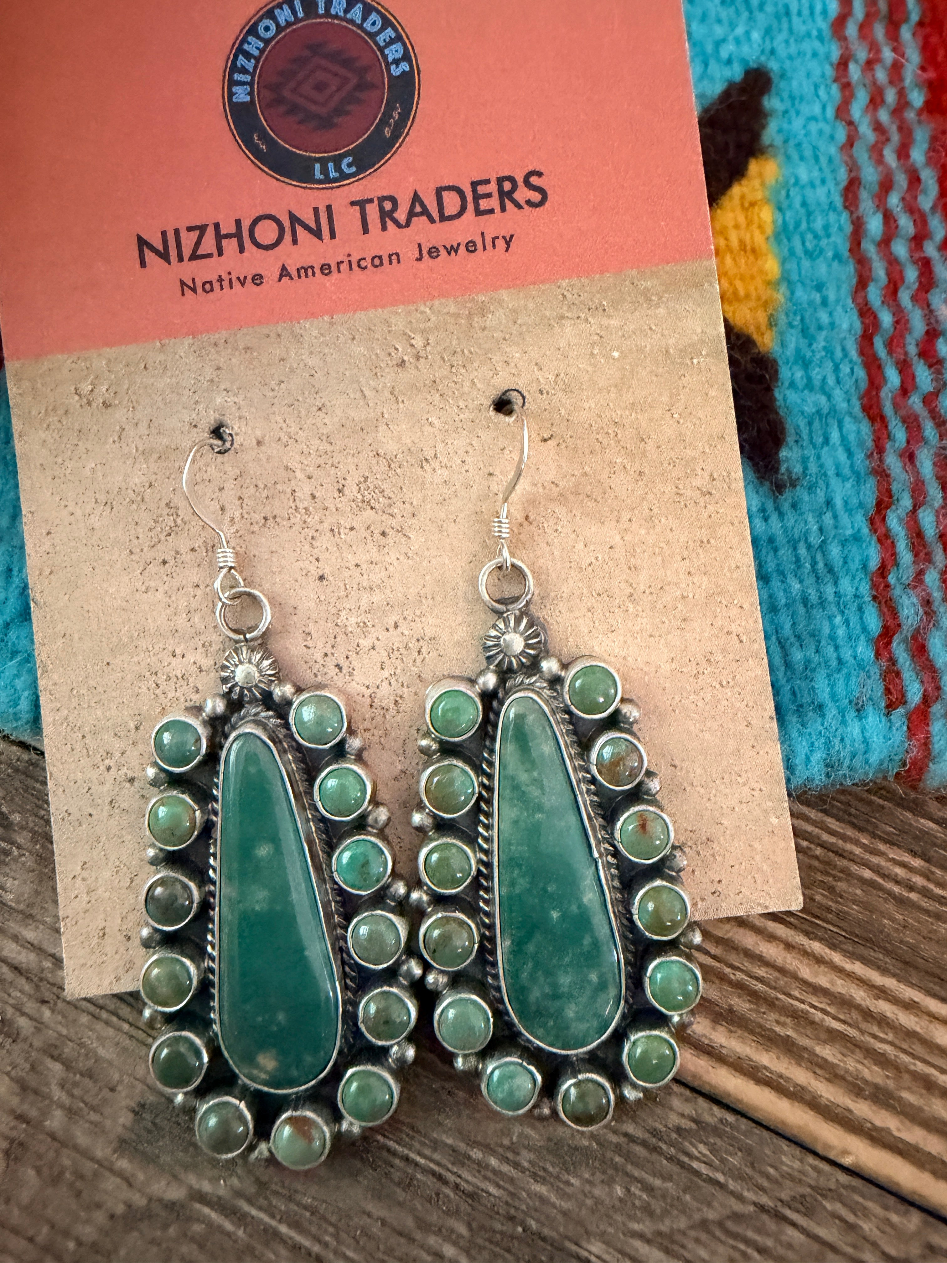 Handcrafted Green Turquoise & Sterling Silver Cluster Dangle Earrings